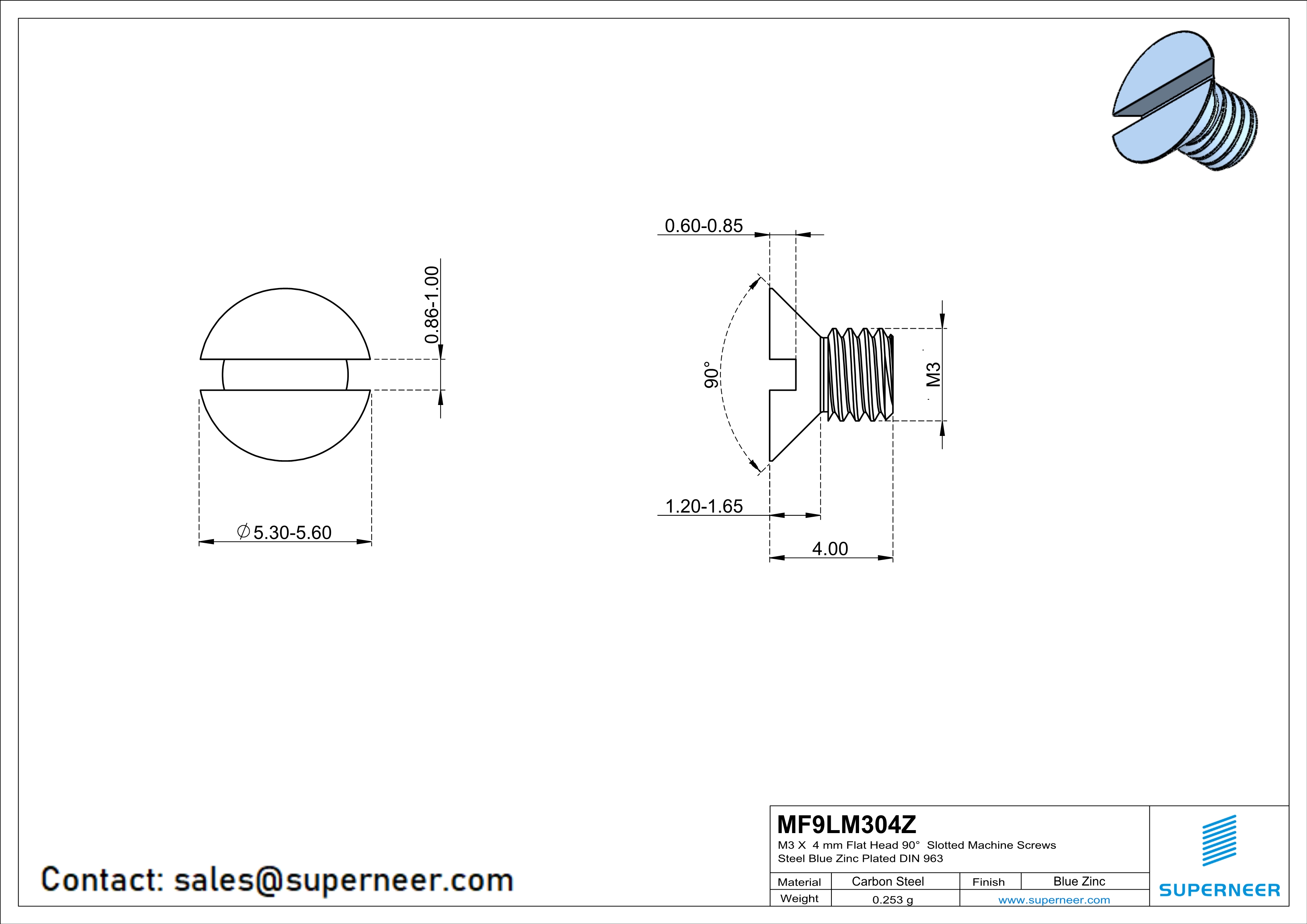 M3 x 4 mm Flat Head 90° Slotted Machine Screws Steel Blue Zinc Plated DIN 963