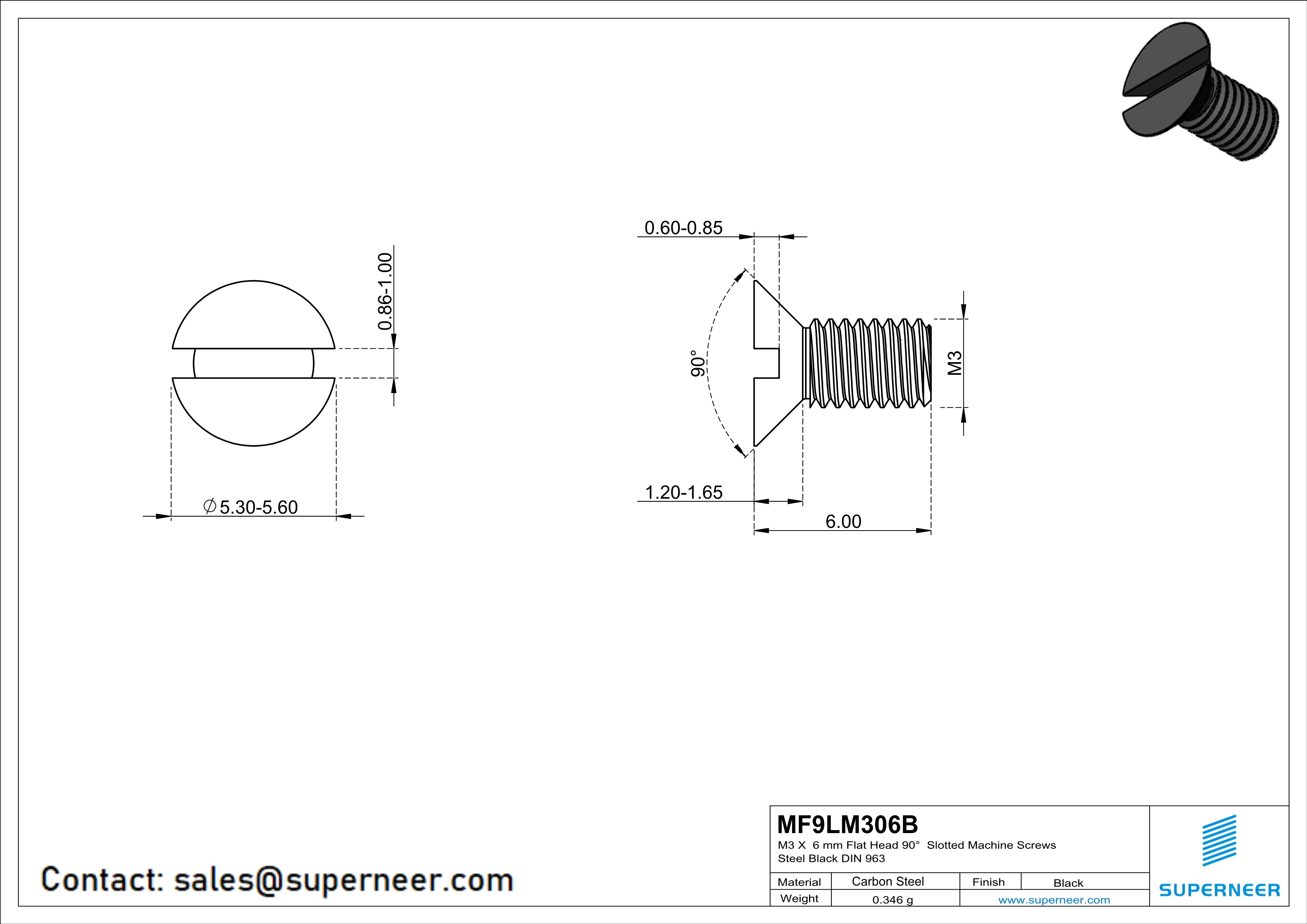 M3 x 6 mm Flat Head 90° Slotted Machine Screws Steel Black DIN 963