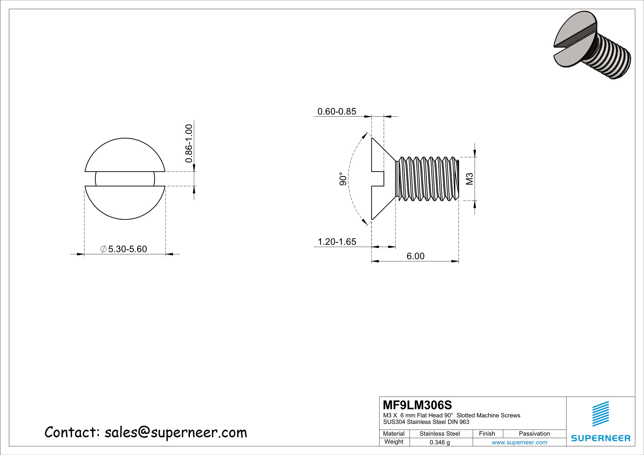 M3   x  6 mm Flat Head 90°  Slotted Machine Screws SUS304 Stainless Steel Inox DIN 963