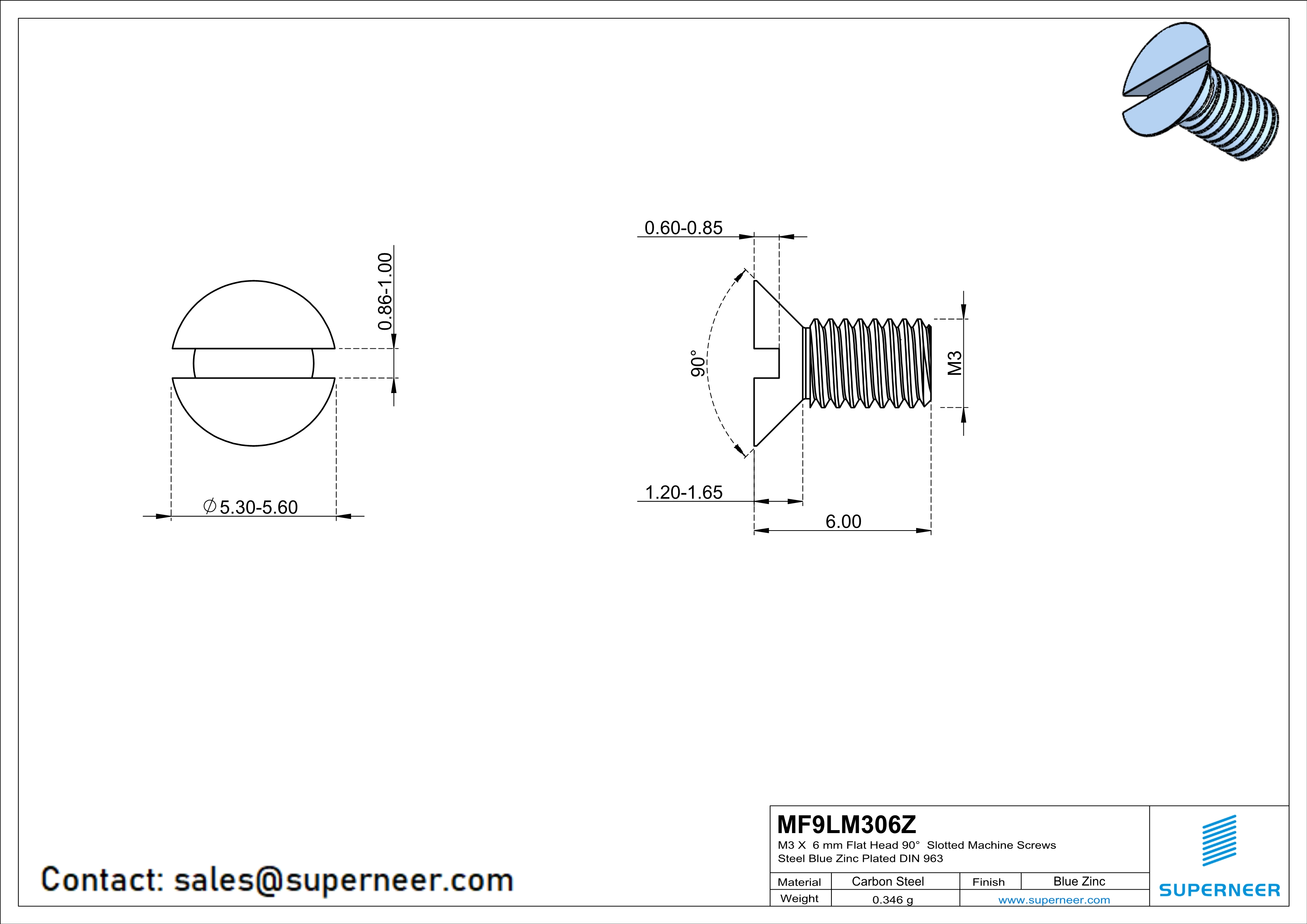 M3 x 6 mm Flat Head 90° Slotted Machine Screws Steel Blue Zinc Plated DIN 963