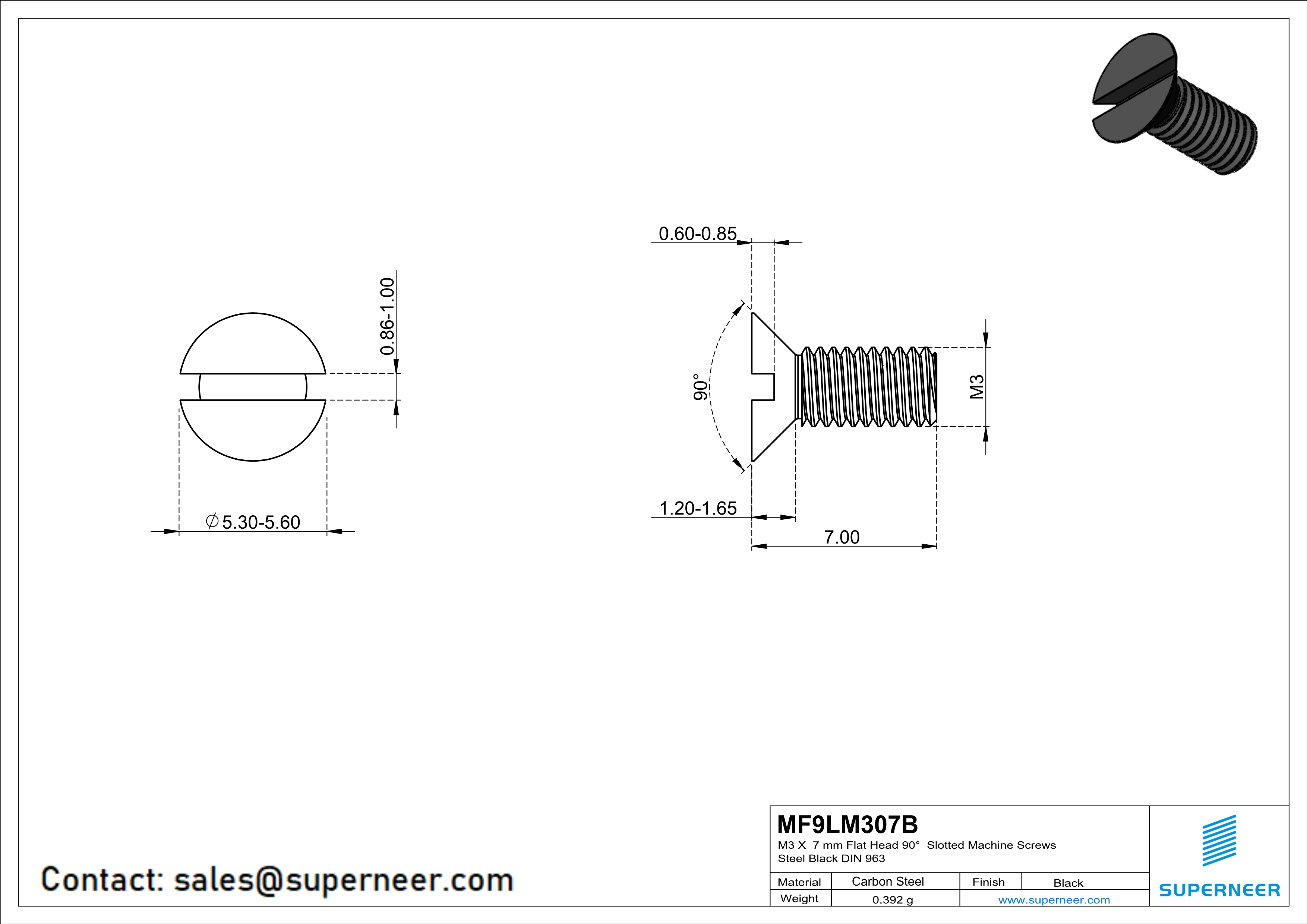 M3 x 7 mm Flat Head 90° Slotted Machine Screws Steel Black DIN 963