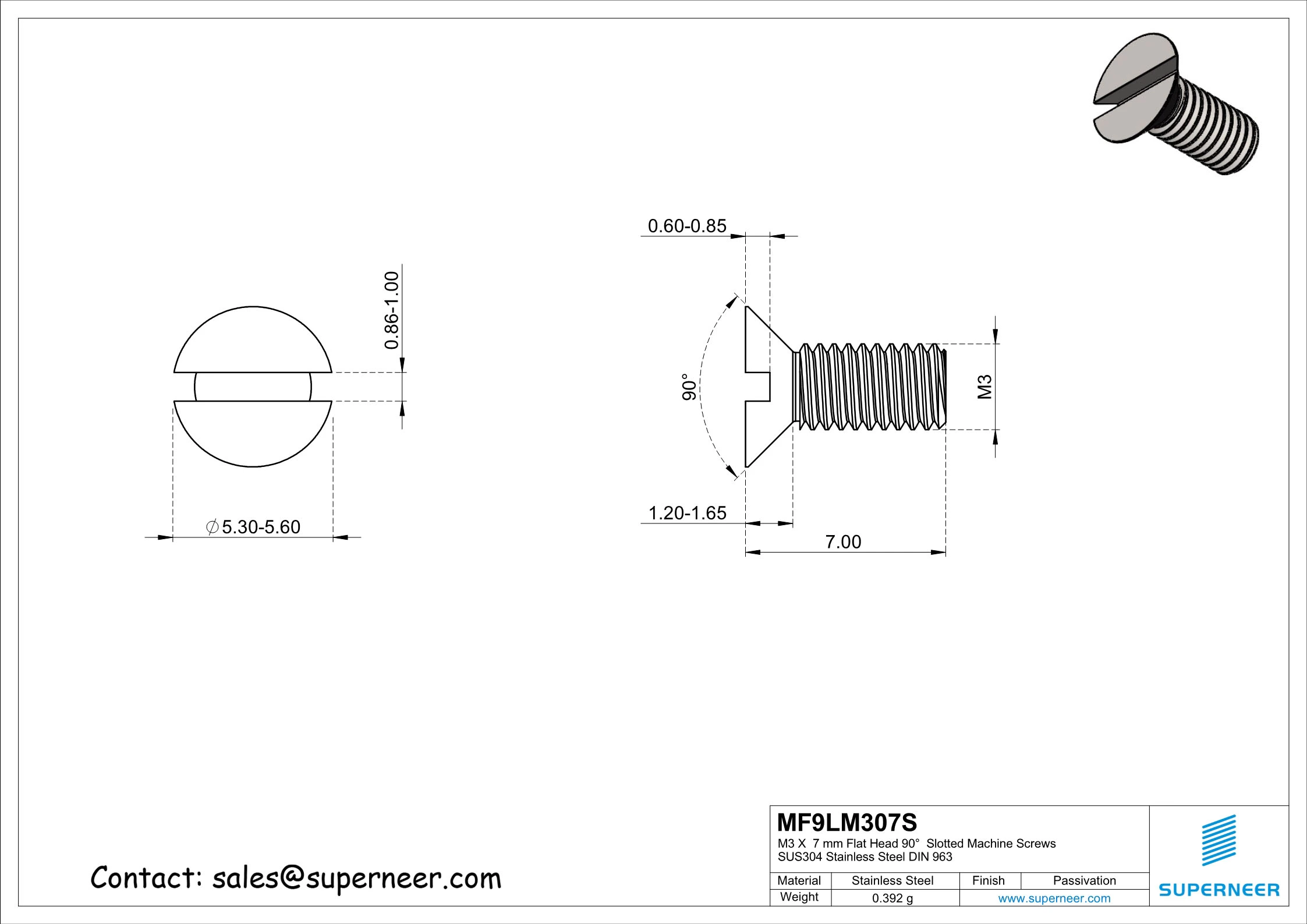 M3 x 7 mm Flat Head 90°  Slotted Machine Screws SUS304 Stainless Steel Inox DIN 963