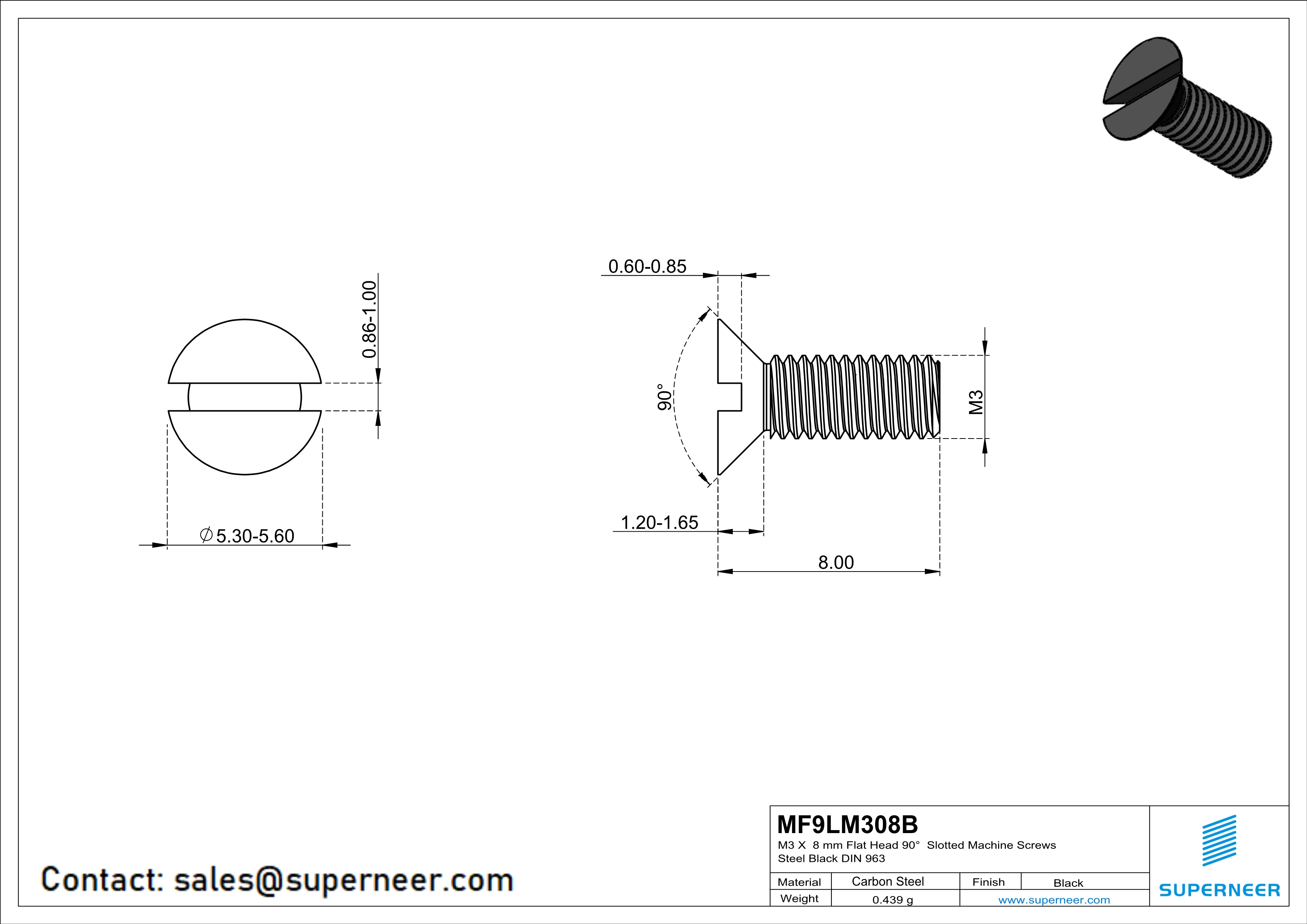 M3 x 8 mm Flat Head 90° Slotted Machine Screws Steel Black DIN 963