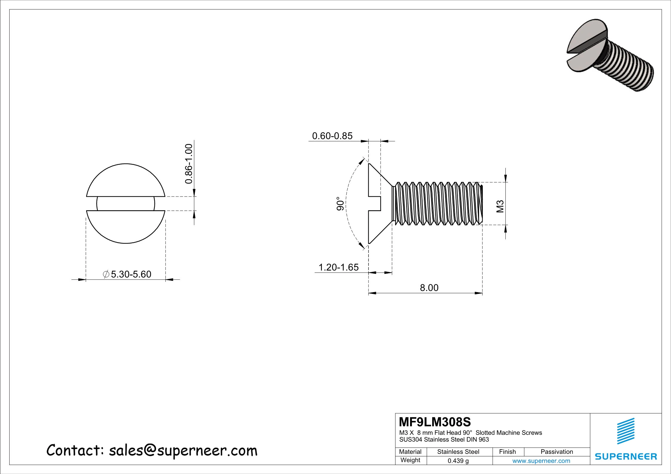 M3 x 8 mm Flat Head 90°  Slotted Machine Screws SUS304 Stainless Steel Inox DIN 963