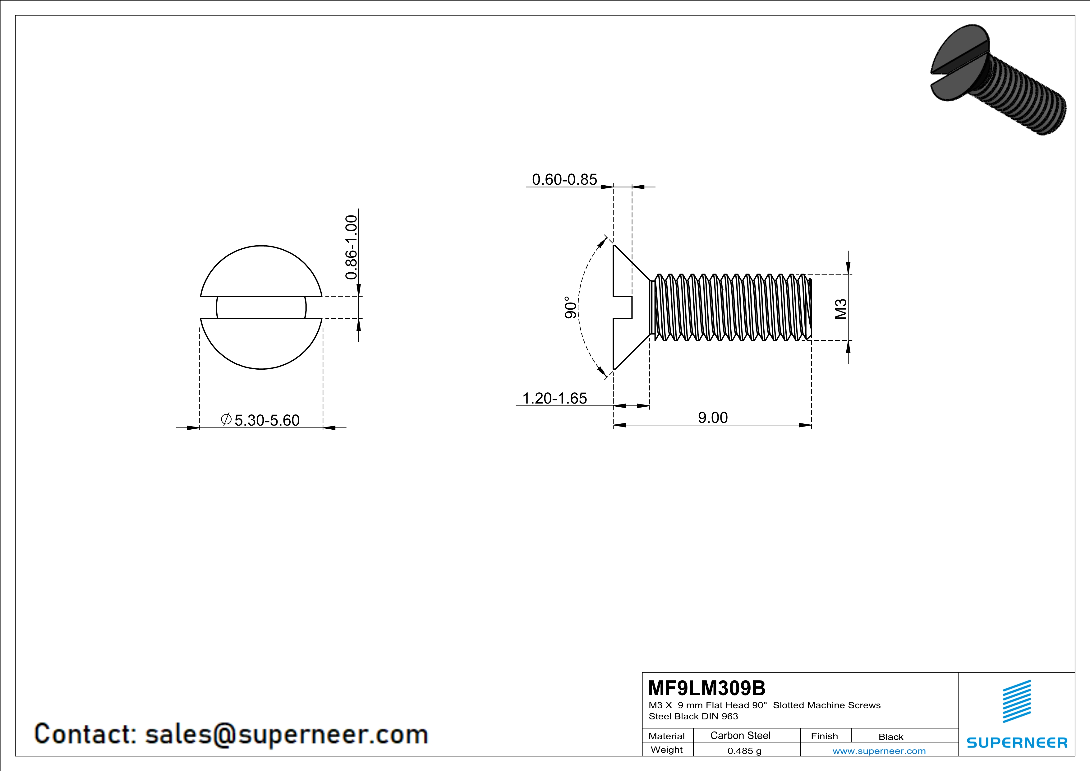 M3 x 9 mm Flat Head 90° Slotted Machine Screws Steel Black DIN 963