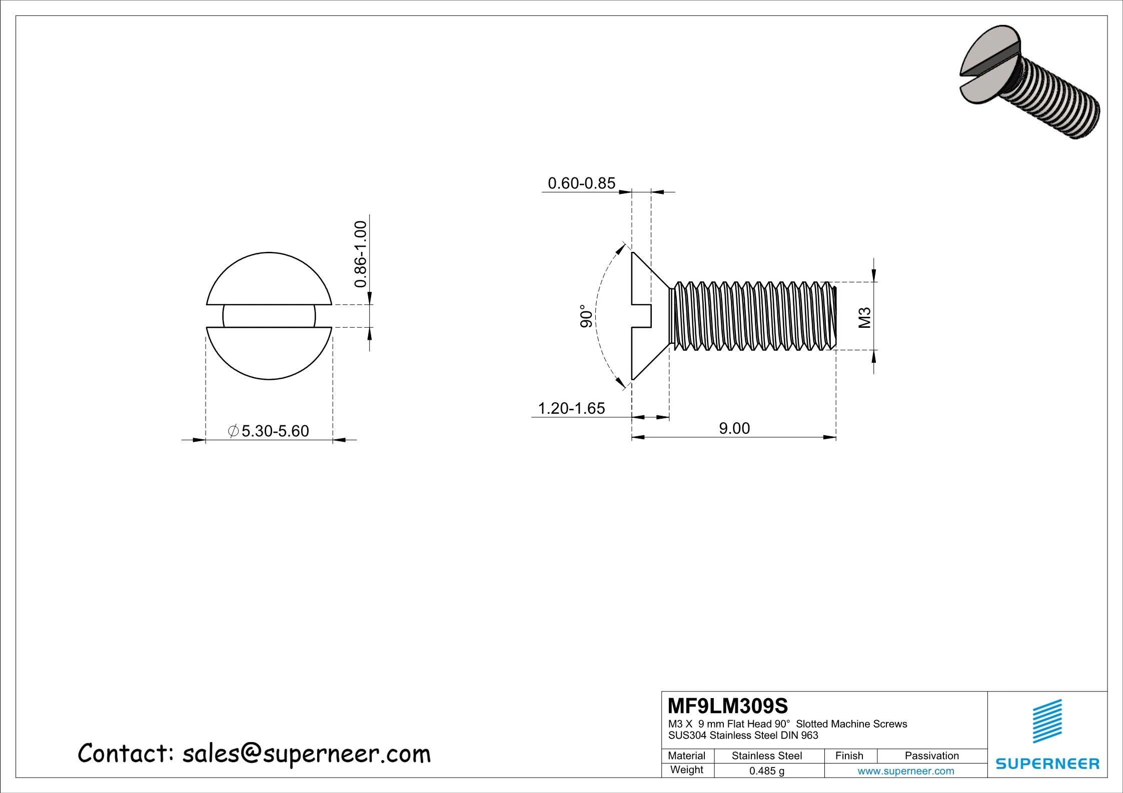 M3 x 9 mm Flat Head 90°  Slotted Machine Screws SUS304 Stainless Steel Inox DIN 963