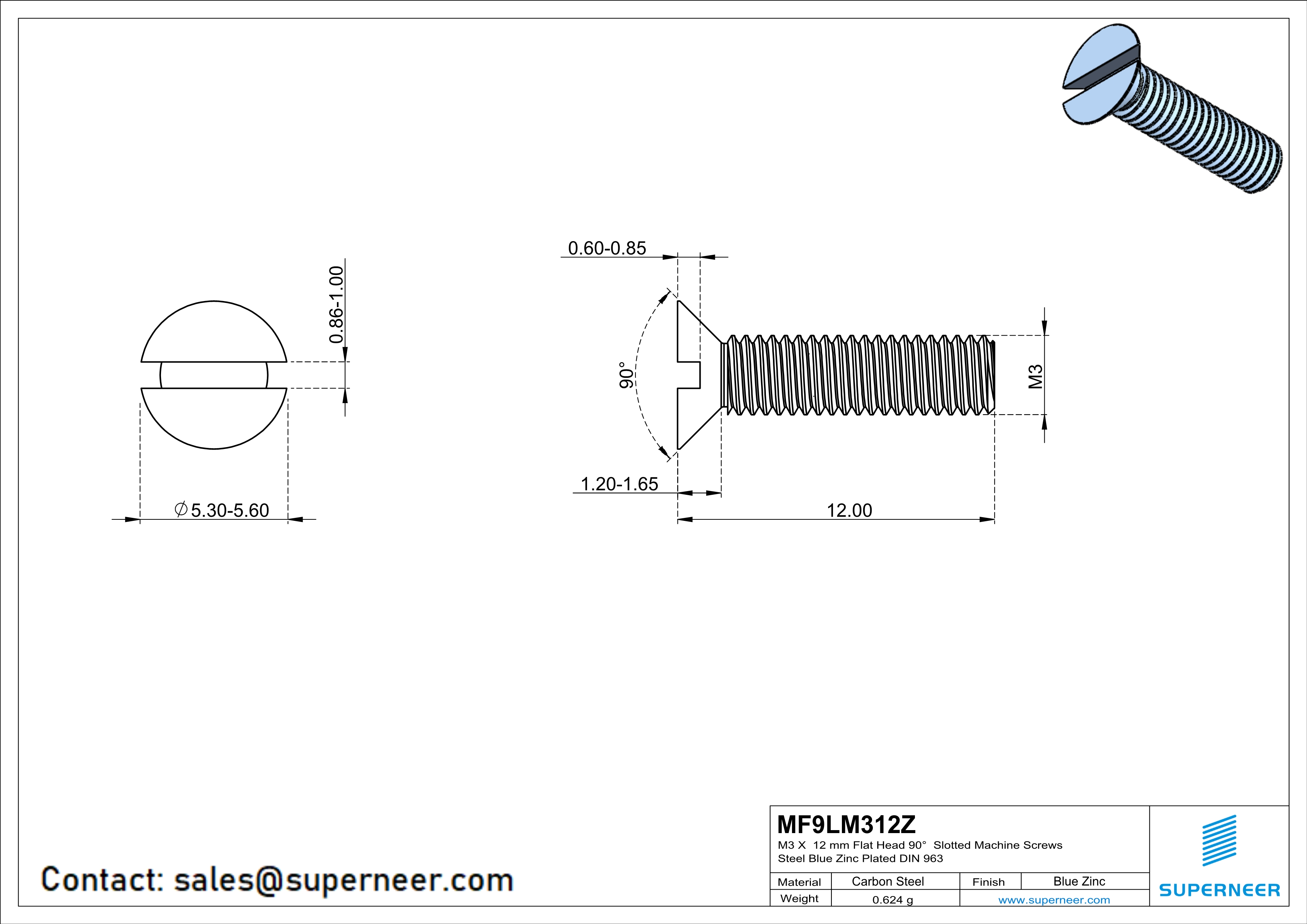 M3 x 12 mm Flat Head 90° Slotted Machine Screws Steel Blue Zinc Plated DIN 963