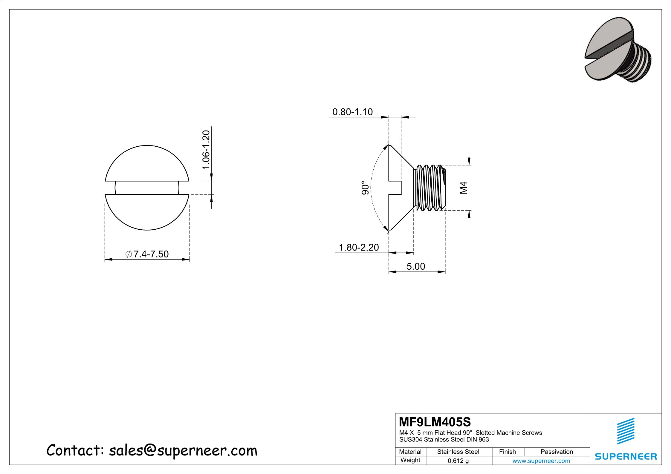 M4 x 5 mm Flat Head 90°  Slotted Machine Screws SUS304 Stainless Steel Inox DIN 963