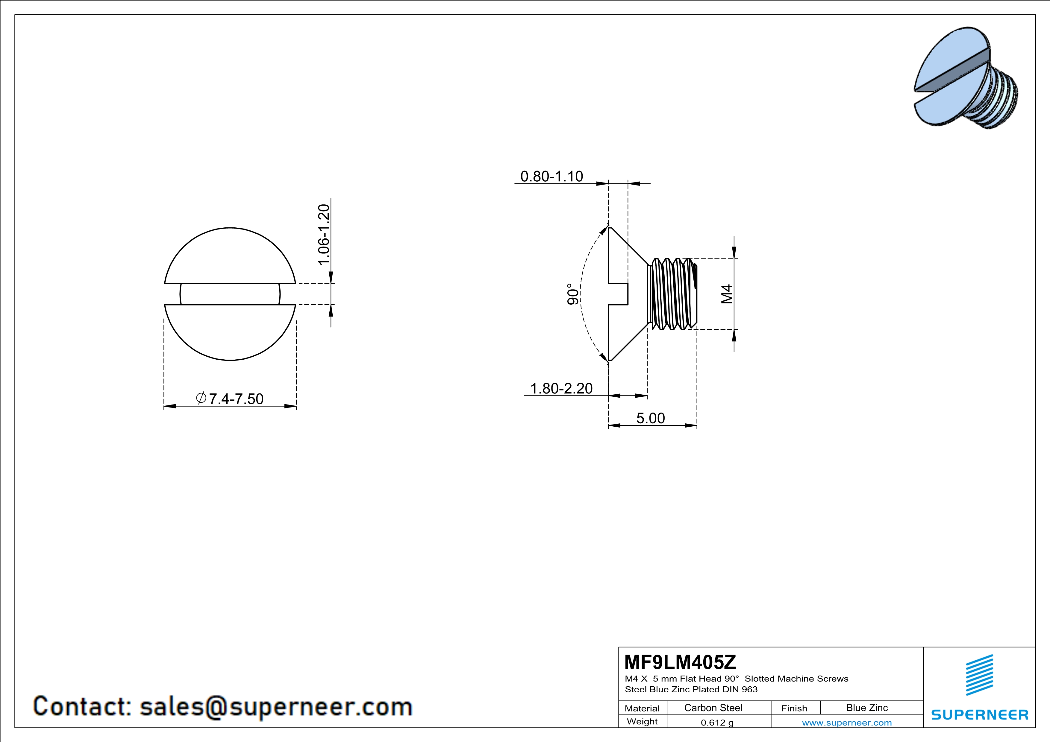 M4 x 5 mm Flat Head 90° Slotted Machine Screws Steel Blue Zinc Plated DIN 963