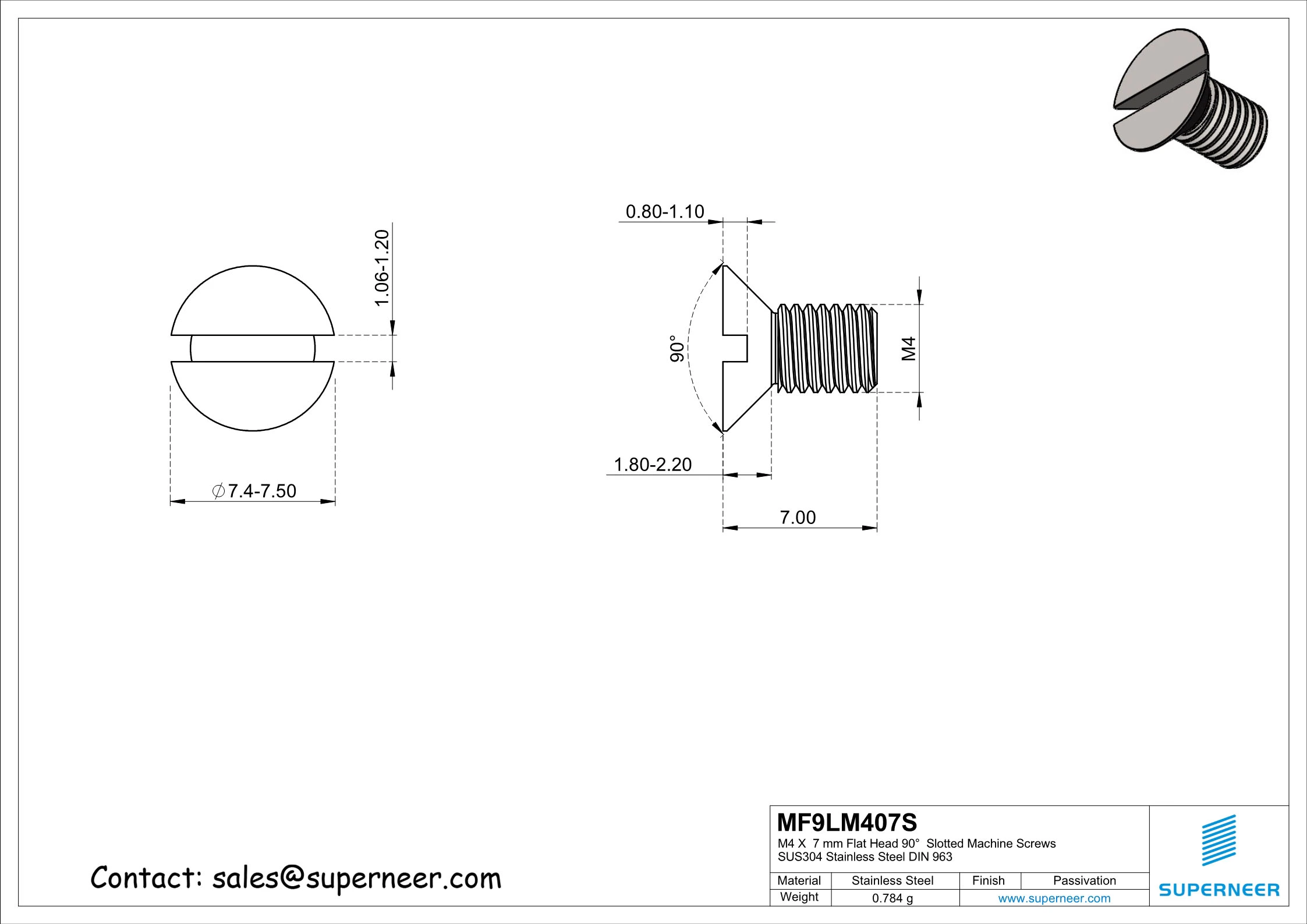 M4 x 7 mm Flat Head 90°  Slotted Machine Screws SUS304 Stainless Steel Inox DIN 963