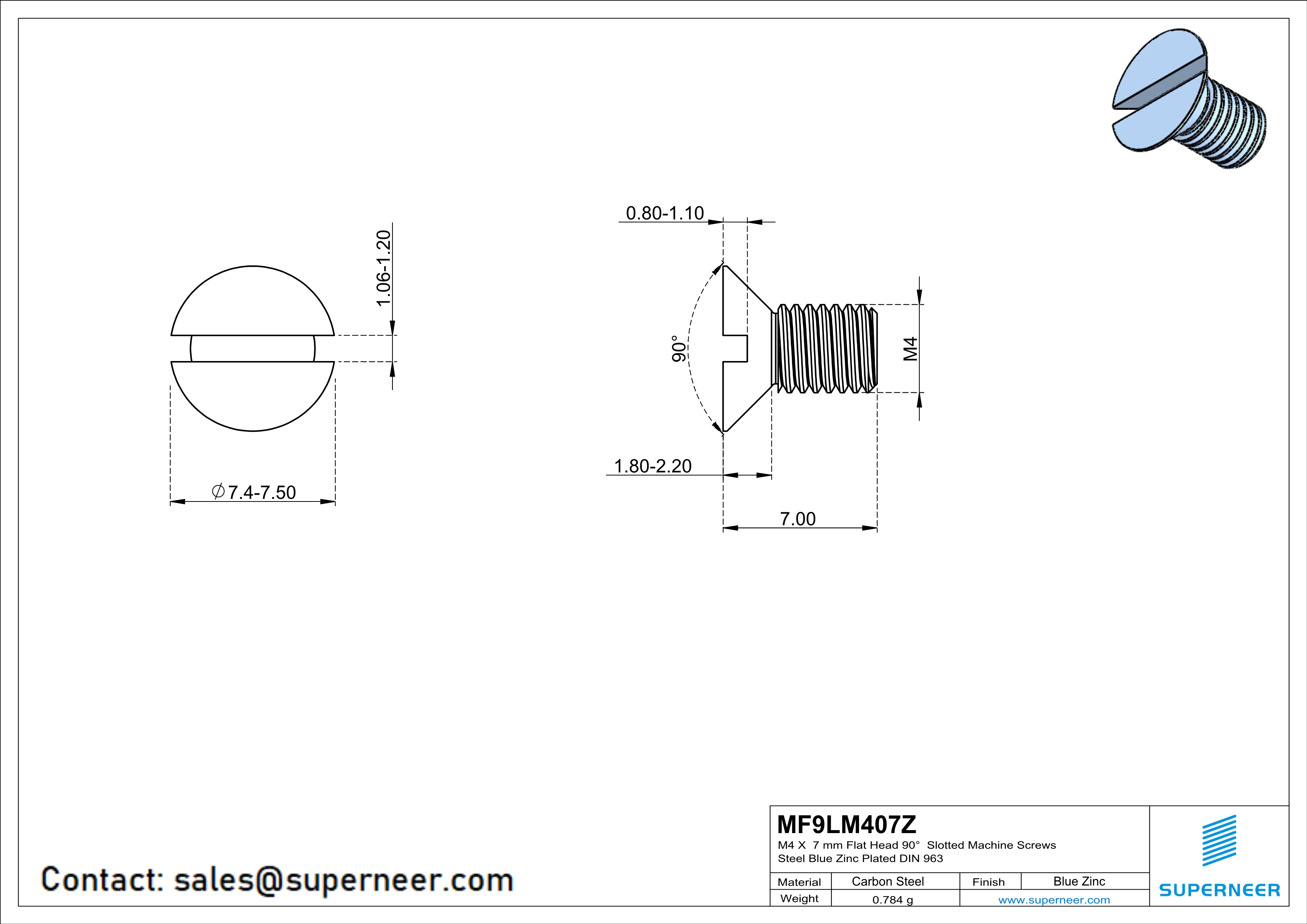M4 x 7 mm Flat Head 90° Slotted Machine Screws Steel Blue Zinc Plated DIN 963