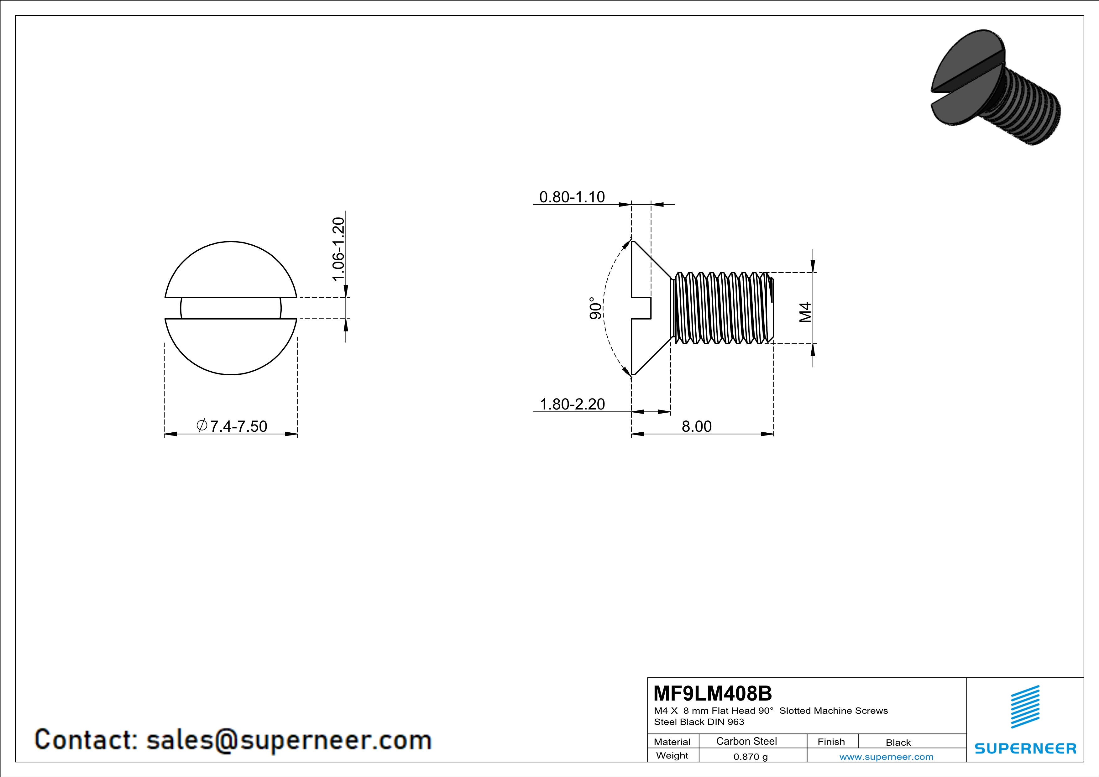 M4 x 8 mm Flat Head 90° Slotted Machine Screws Steel Black DIN 963