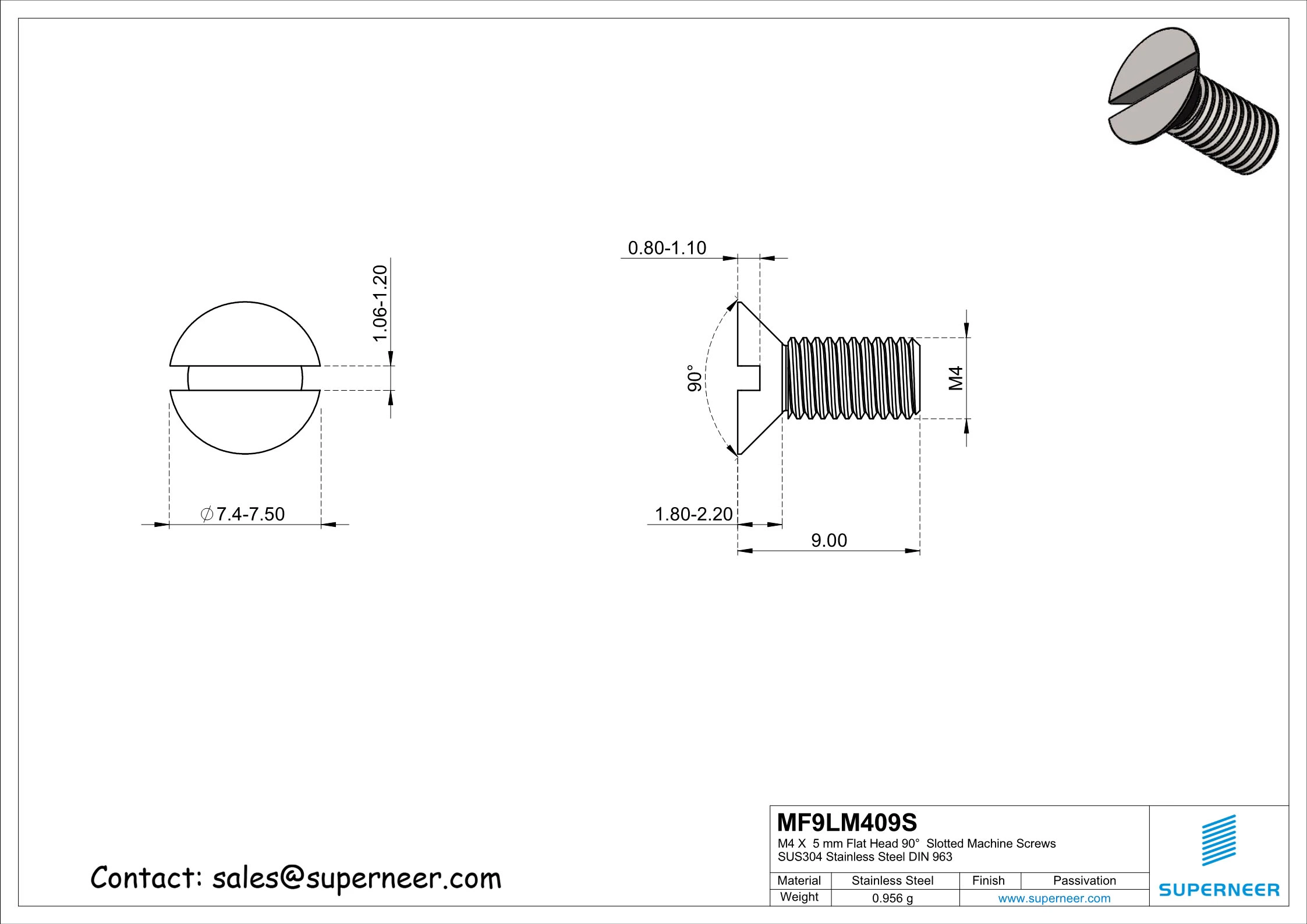 M4 x 9 mm Flat Head 90°  Slotted Machine Screws SUS304 Stainless Steel Inox DIN 963