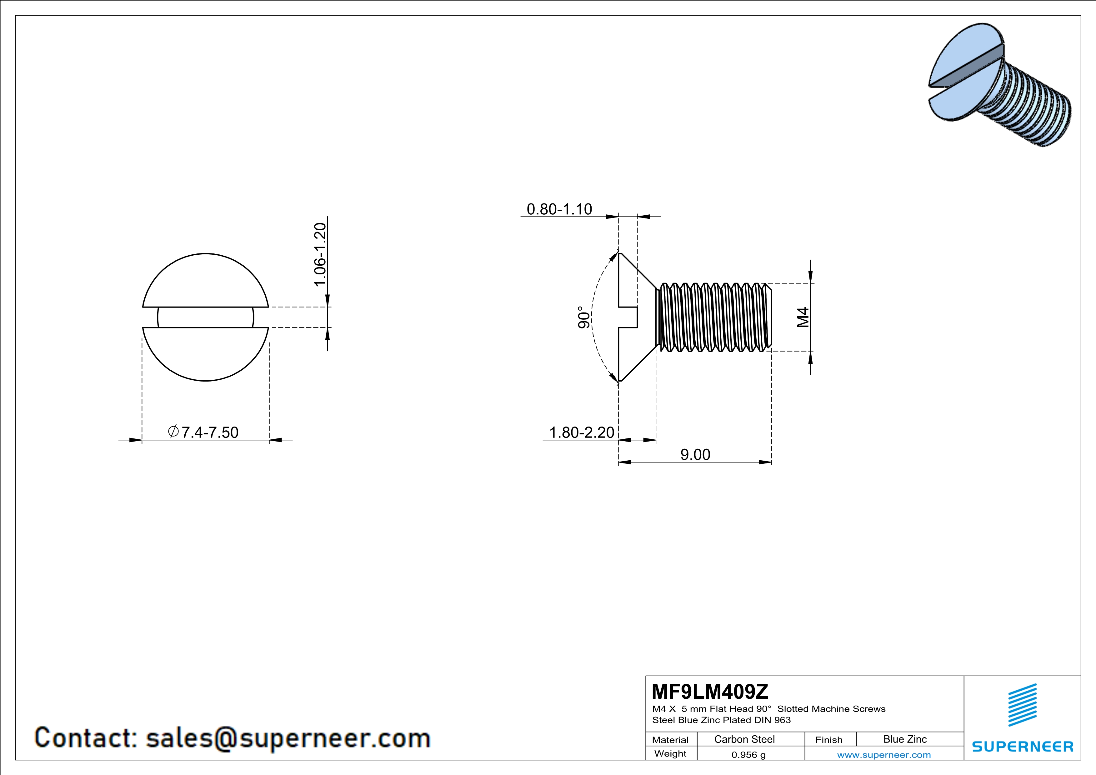 M4 x 9 mm Flat Head 90° Slotted Machine Screws Steel Blue Zinc Plated DIN 963