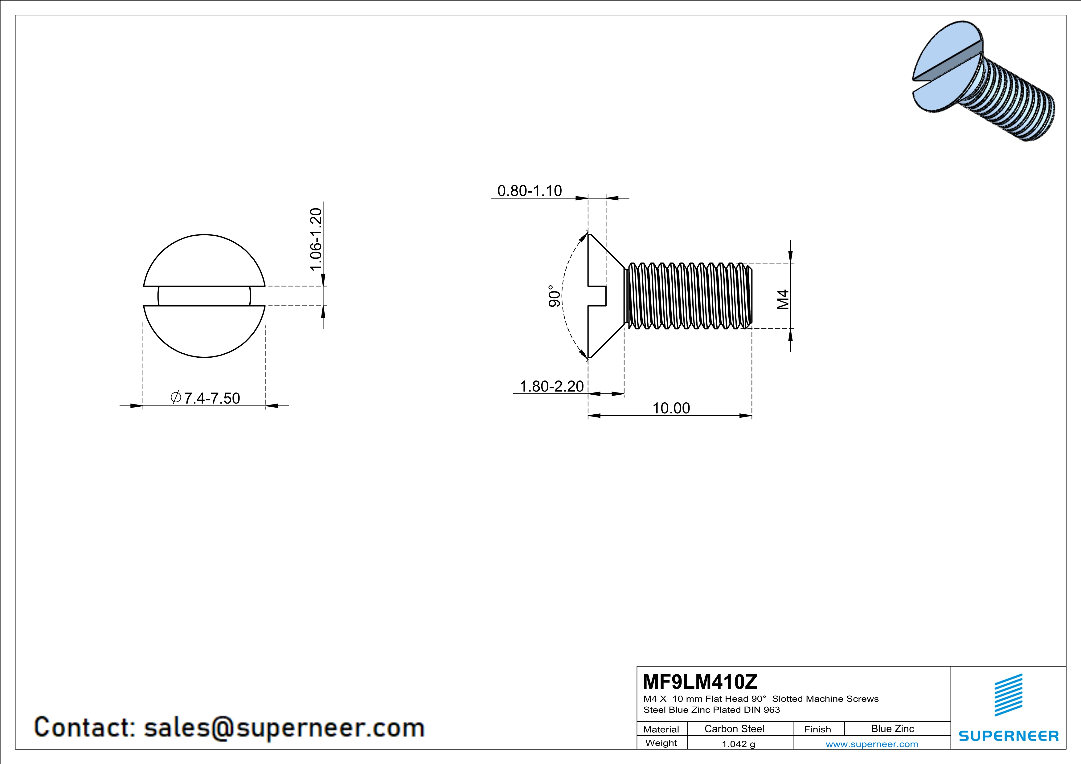 M4 x 10 mm Flat Head 90° Slotted Machine Screws Steel Blue Zinc Plated DIN 963