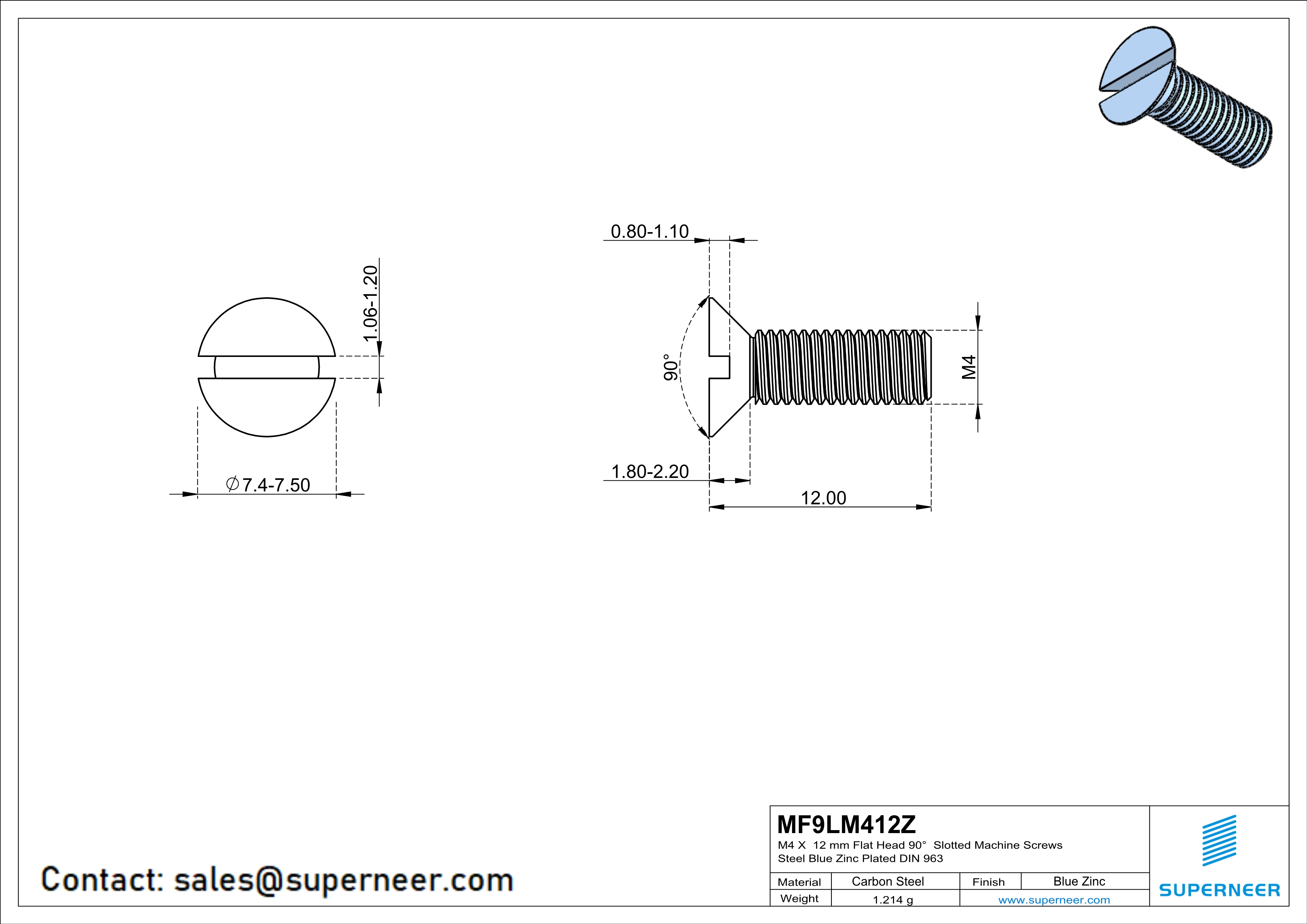 M4 x 12 mm Flat Head 90° Slotted Machine Screws Steel Blue Zinc Plated DIN 963