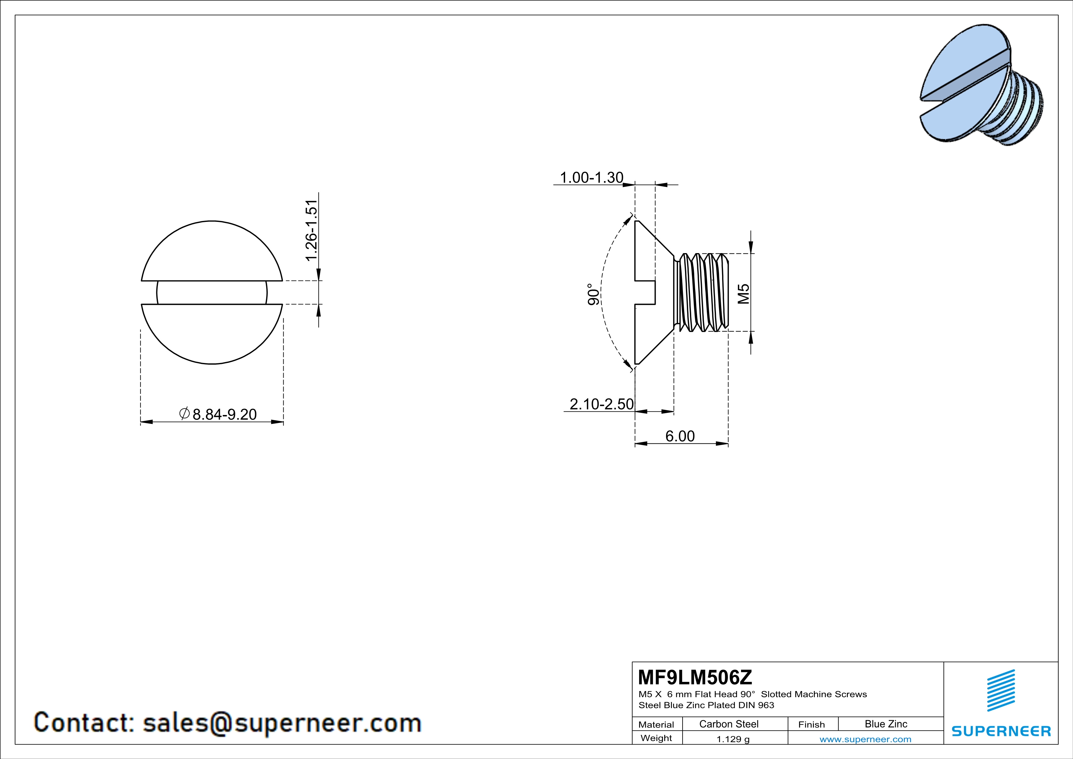 M5 x 6 mm Flat Head 90° Slotted Machine Screws Steel Blue Zinc Plated DIN 963