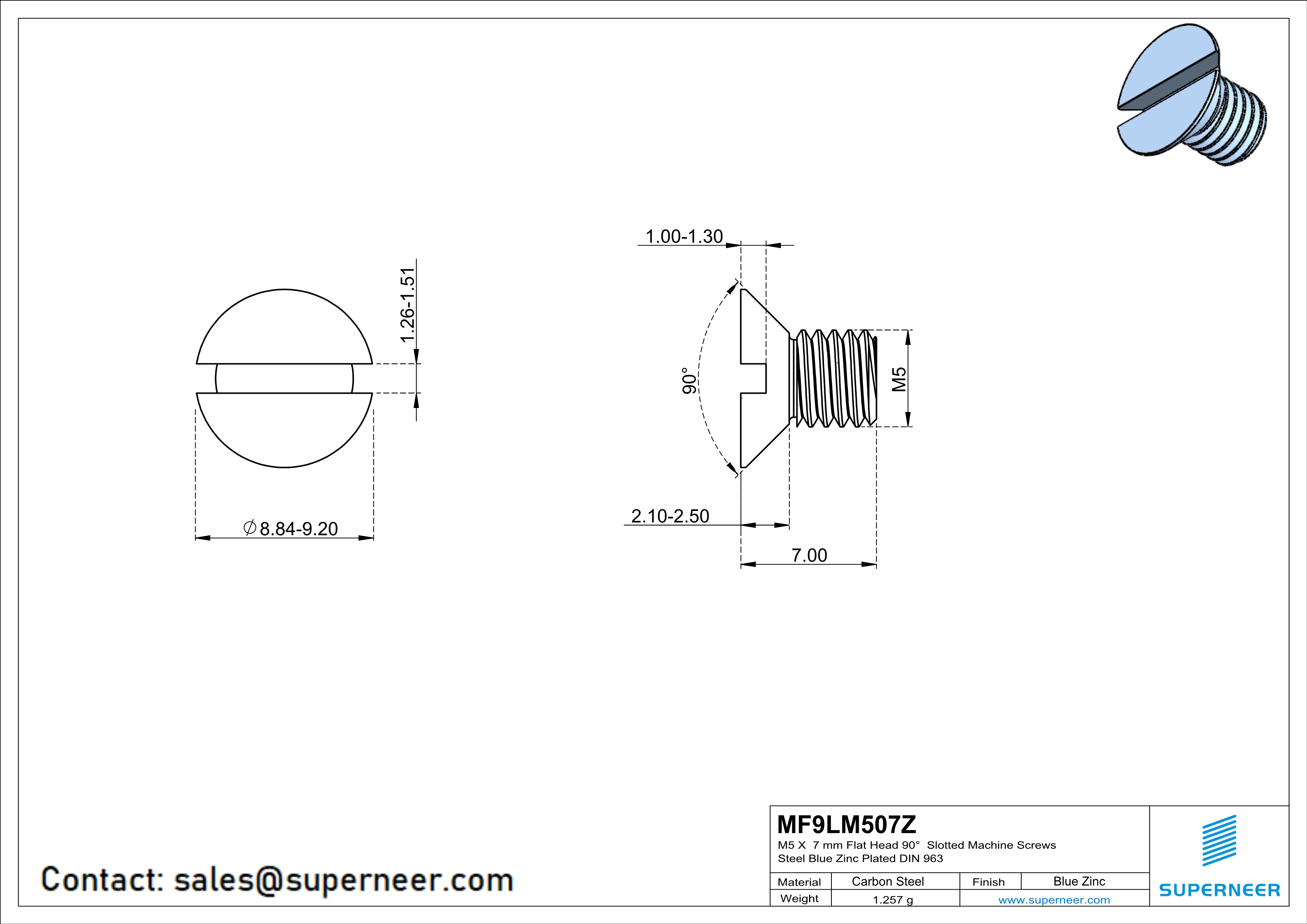 M5 x 7 mm Flat Head 90° Slotted Machine Screws Steel Blue Zinc Plated DIN 963