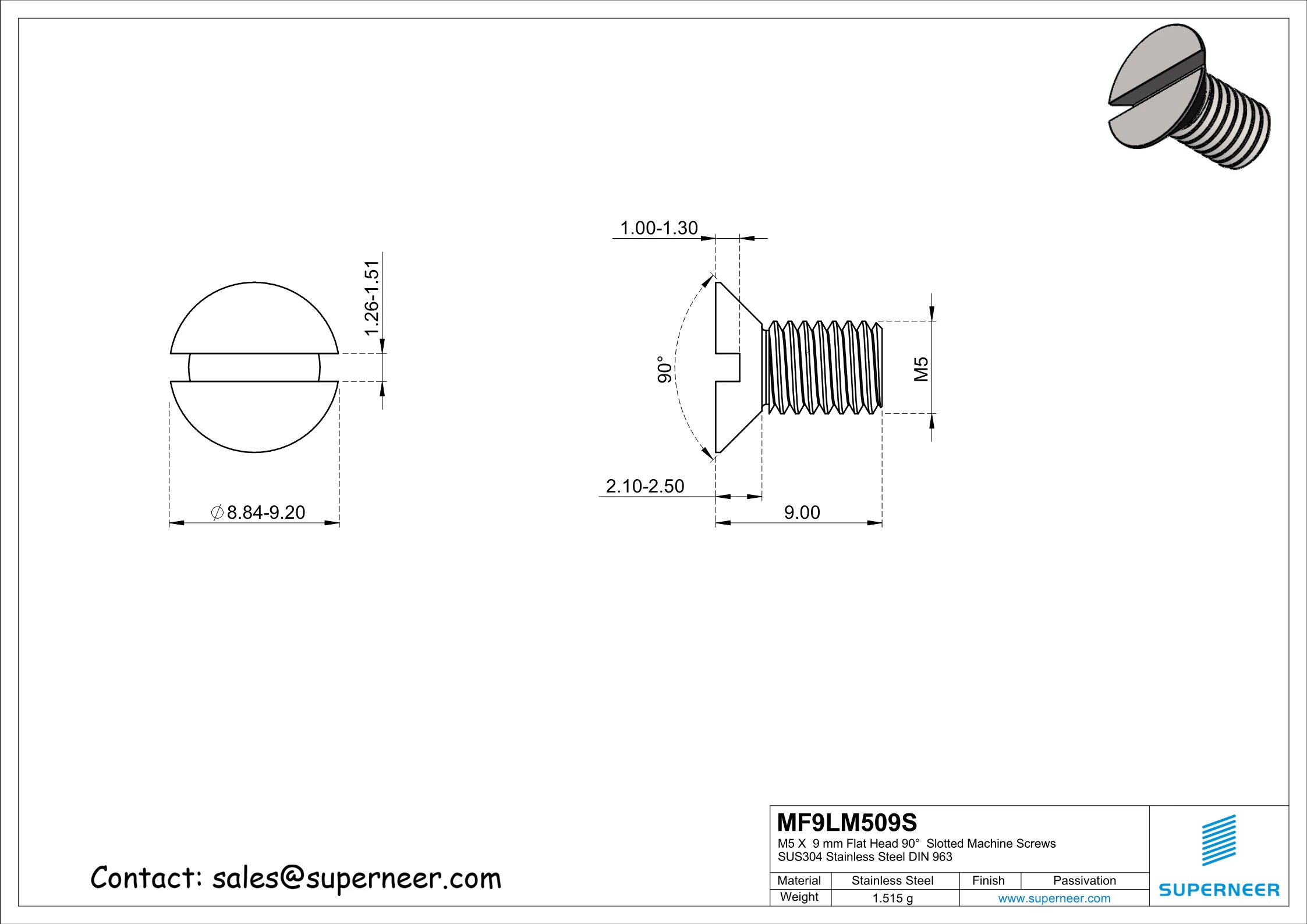 M5 x 9 mm Flat Head 90°  Slotted Machine Screws SUS304 Stainless Steel Inox DIN 963