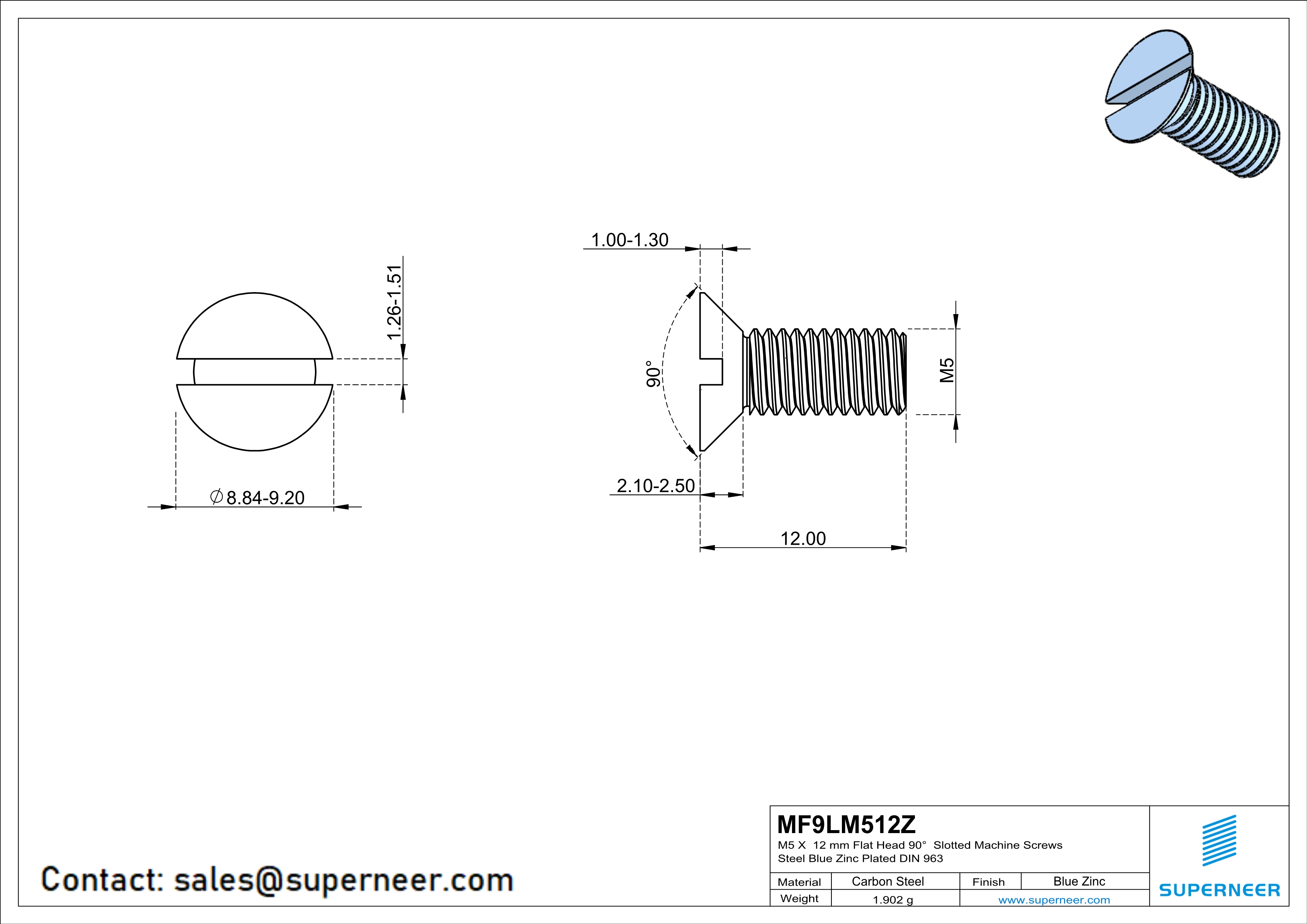 M5 x 12 mm Flat Head 90° Slotted Machine Screws Steel Blue Zinc Plated DIN 963