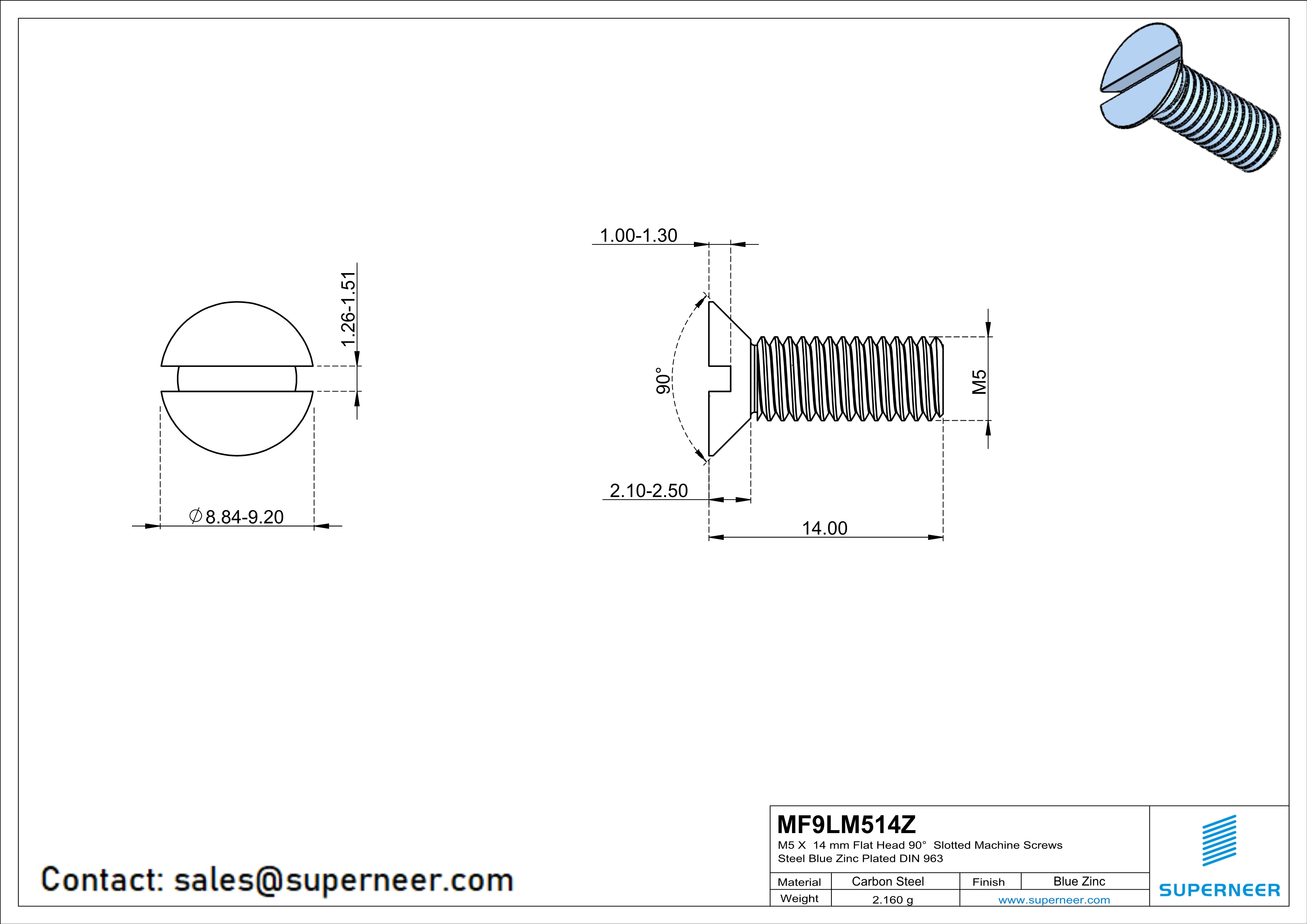 M5 x 14 mm Flat Head 90° Slotted Machine Screws Steel Blue Zinc Plated DIN 963