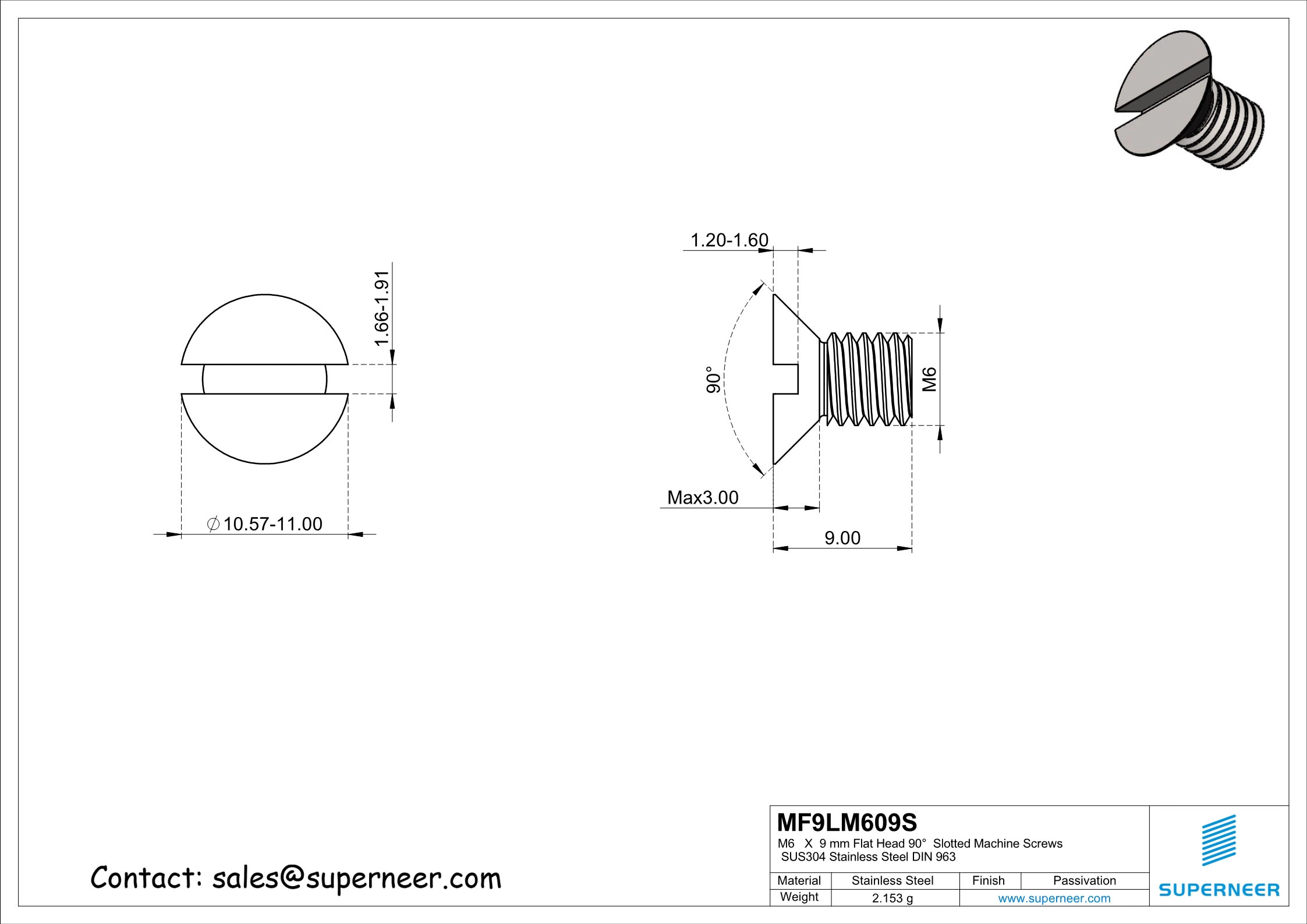 M6 x 9 mm Flat Head 90°  Slotted Machine Screws SUS304 Stainless Steel Inox DIN 963