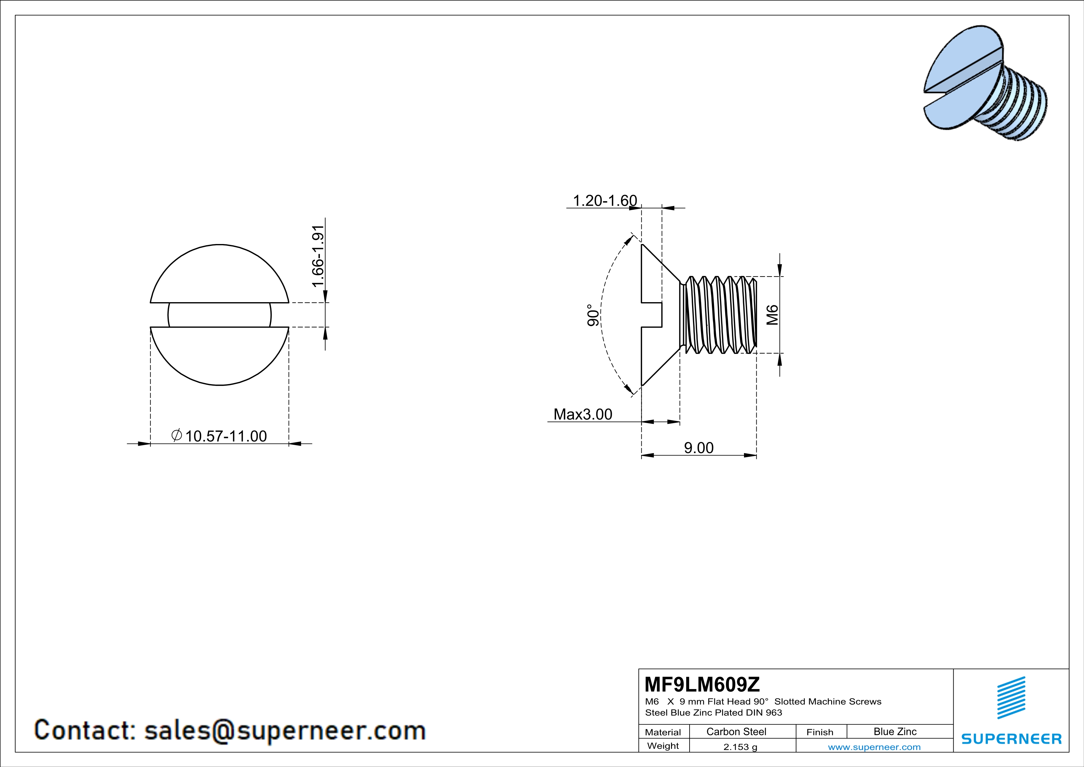 M6 x 9 mm Flat Head 90° Slotted Machine Screws Steel Blue Zinc Plated DIN 963
