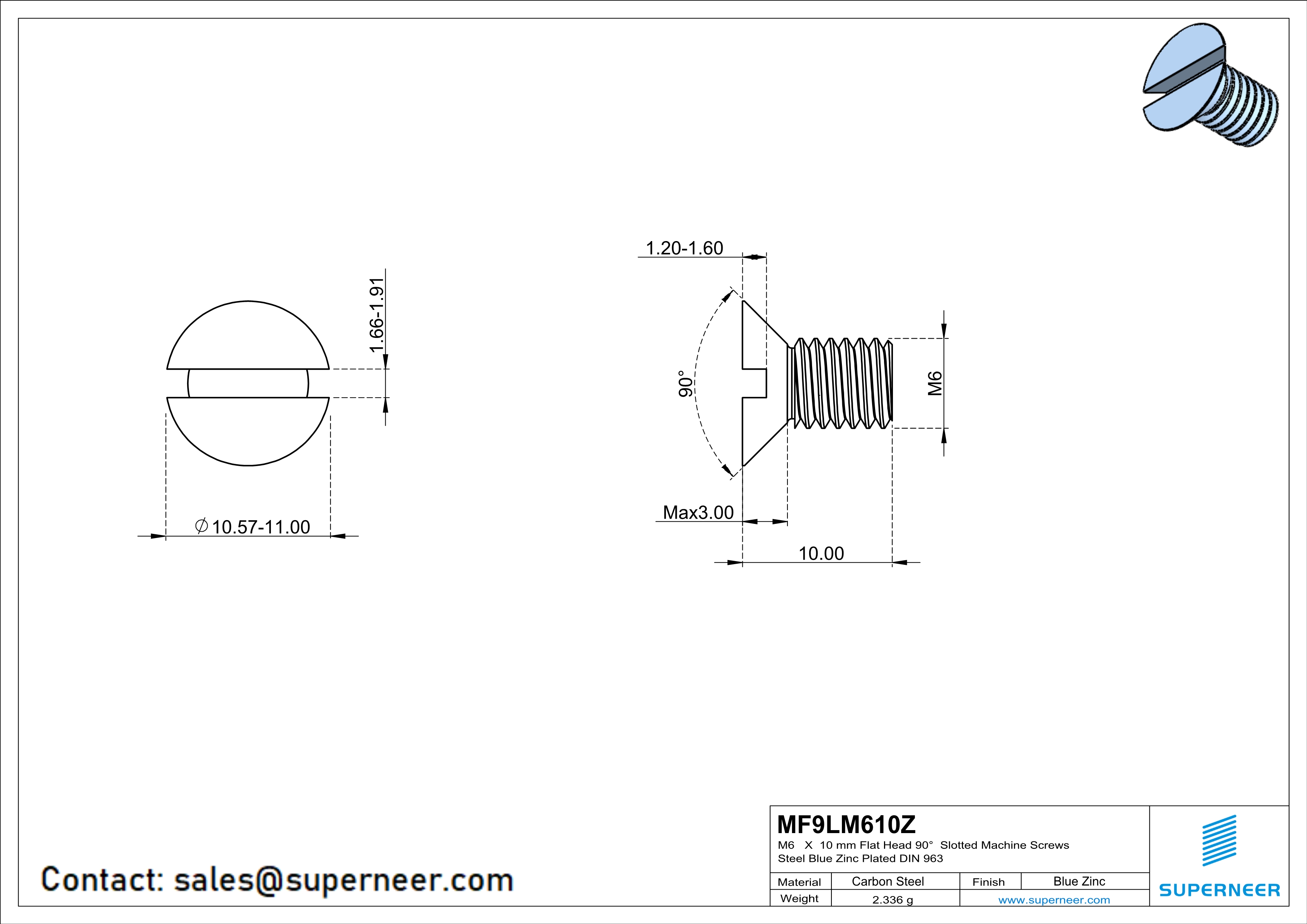M6 x 10 mm Flat Head 90° Slotted Machine Screws Steel Blue Zinc Plated DIN 963