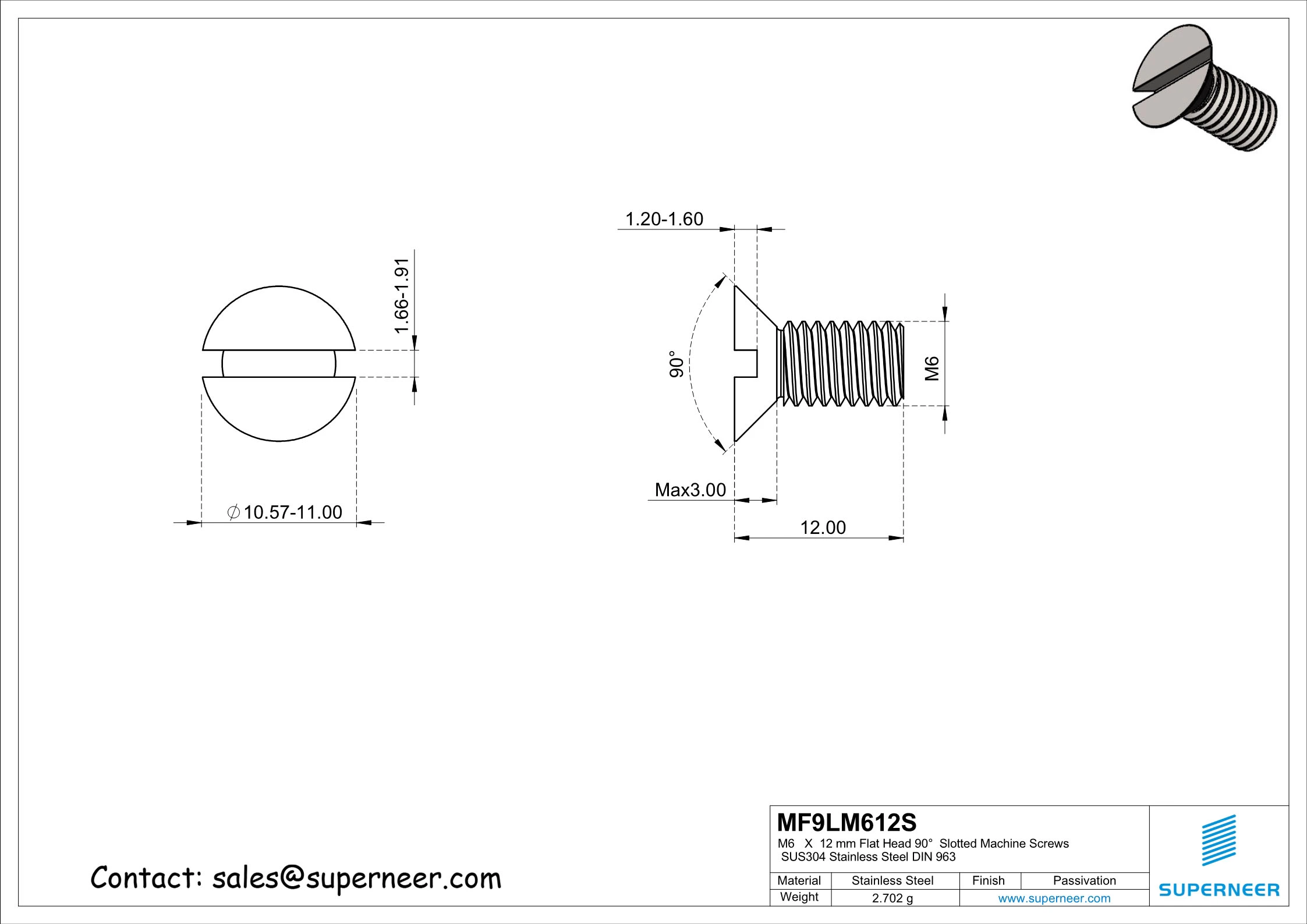 M6 x 12 mm Flat Head 90°  Slotted Machine Screws SUS304 Stainless Steel Inox DIN 963