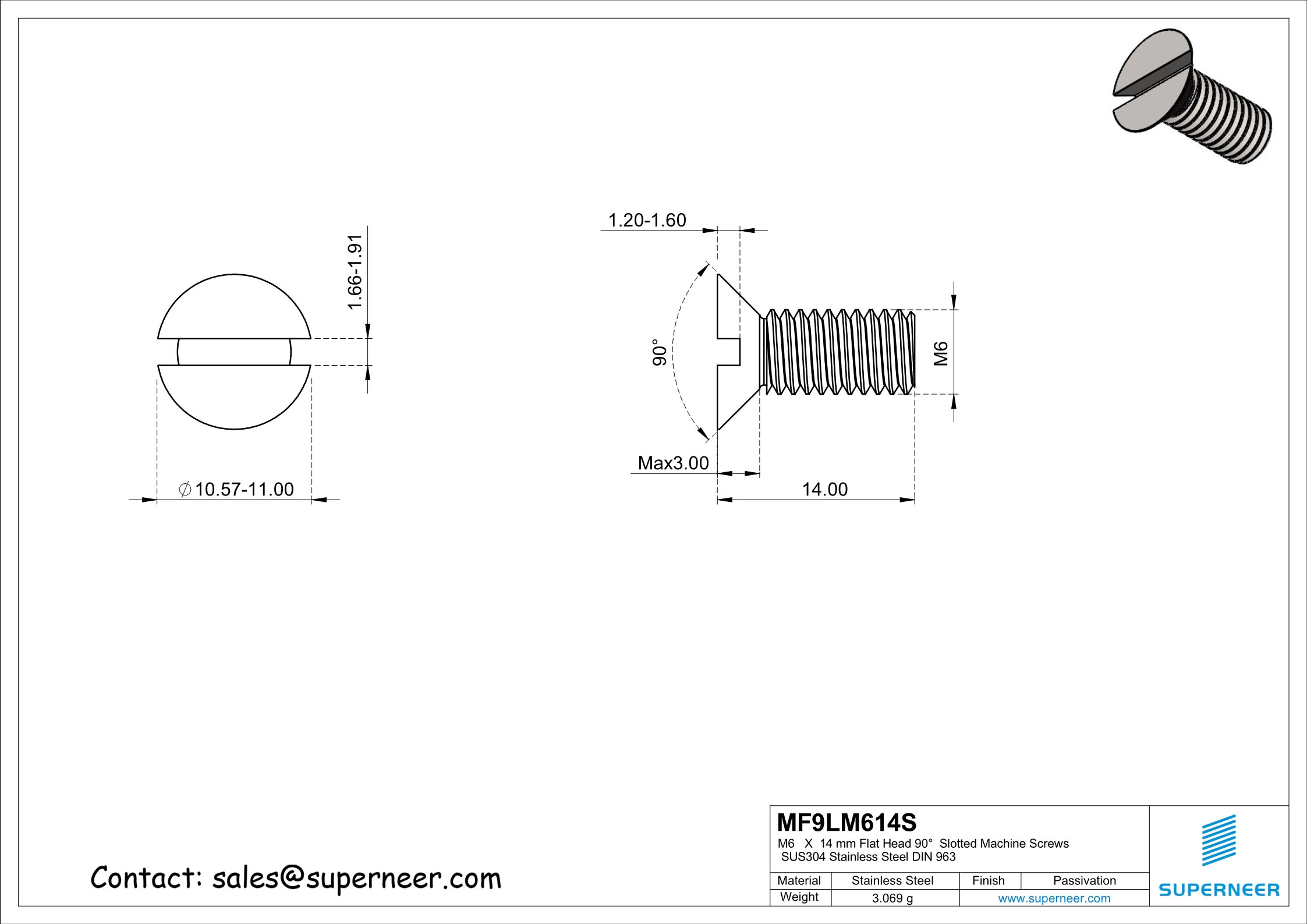 M6 x 14 mm Flat Head 90°  Slotted Machine Screws SUS304 Stainless Steel Inox DIN 963