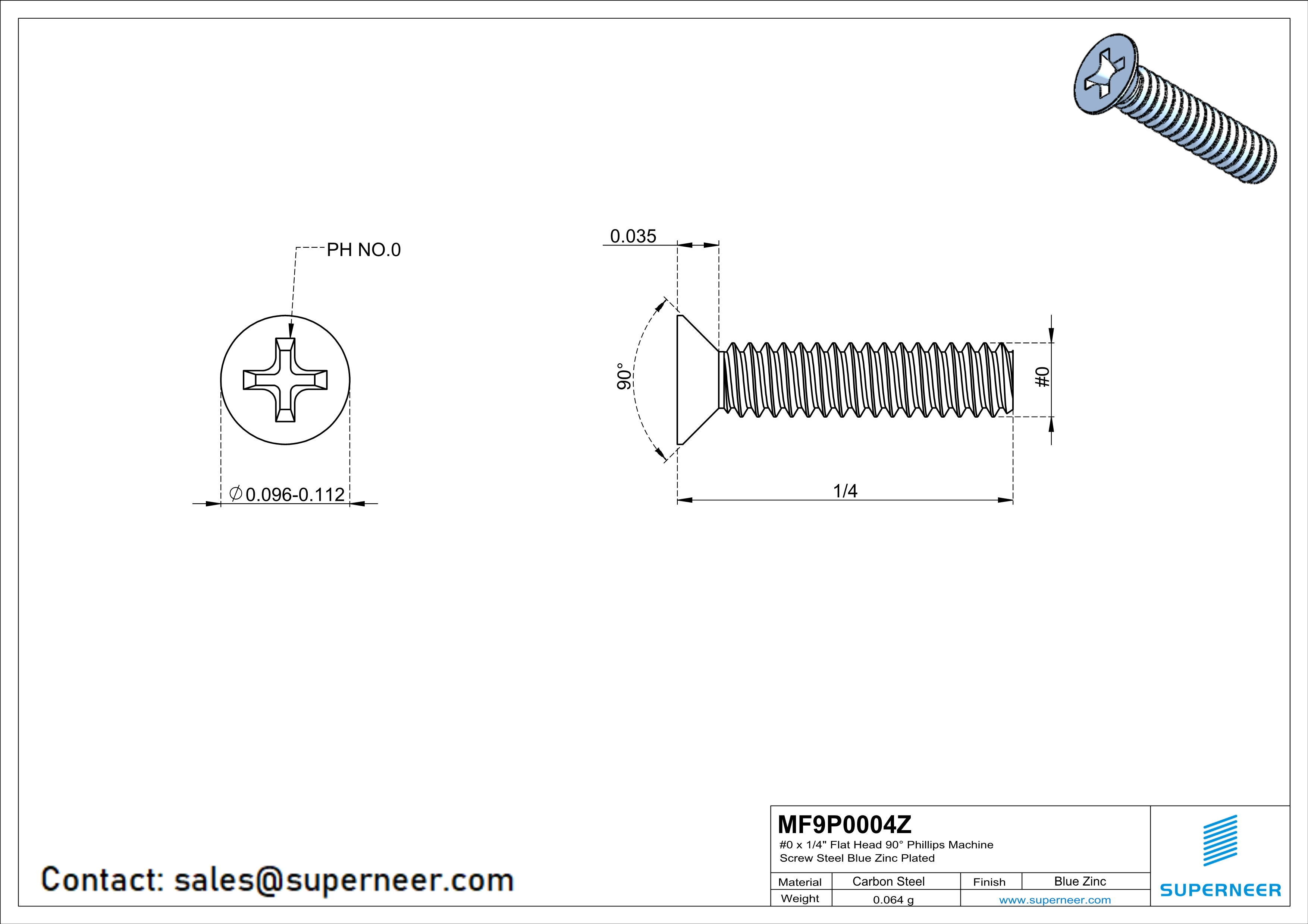 0-80 x 1/4" Flat Head 90° Phillips Machine Screw Steel Blue Zinc Plated ANSI/ASME B18.6.3 