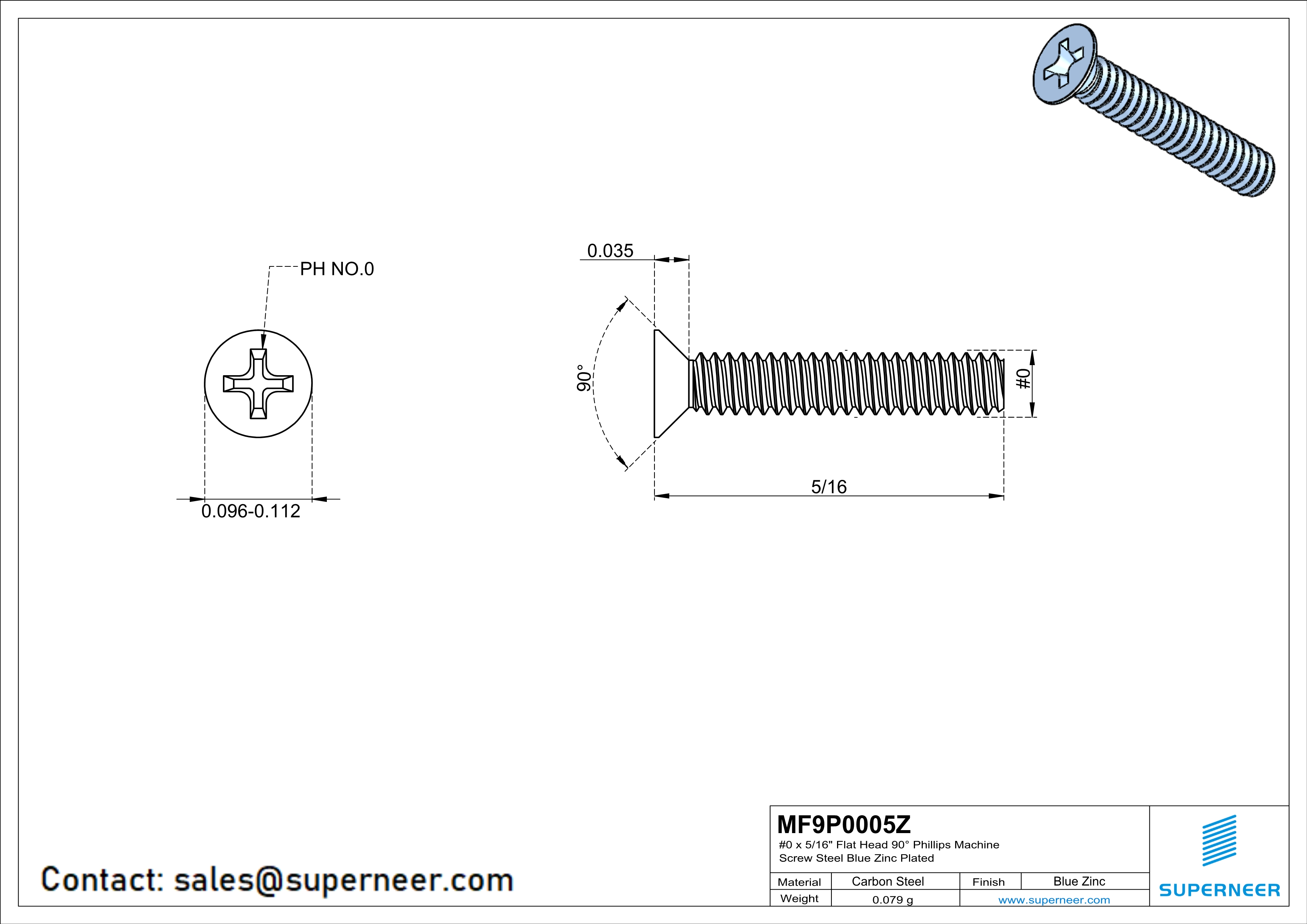 0-80 x 5/16" Flat Head 90° Phillips Machine Screw Steel Blue Zinc Plated ANSI/ASME B18.6.3 