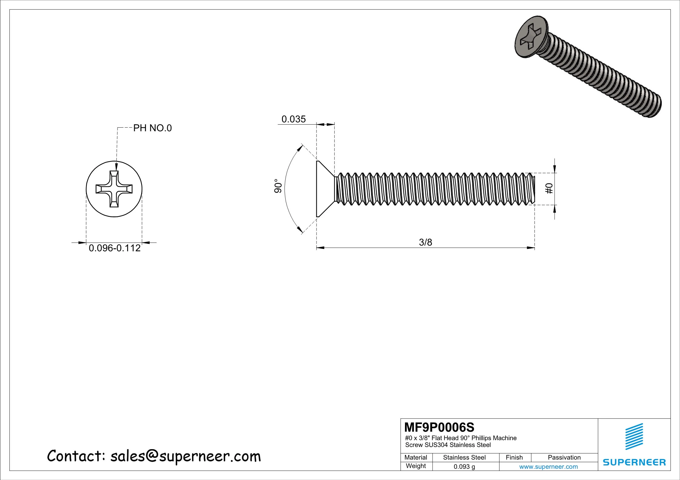 0-80 x 3/8" Flat Head 90°   Phillips Machine Screw SUS304 Stainless Steel Inox ANSI/ASME B18.6.3 