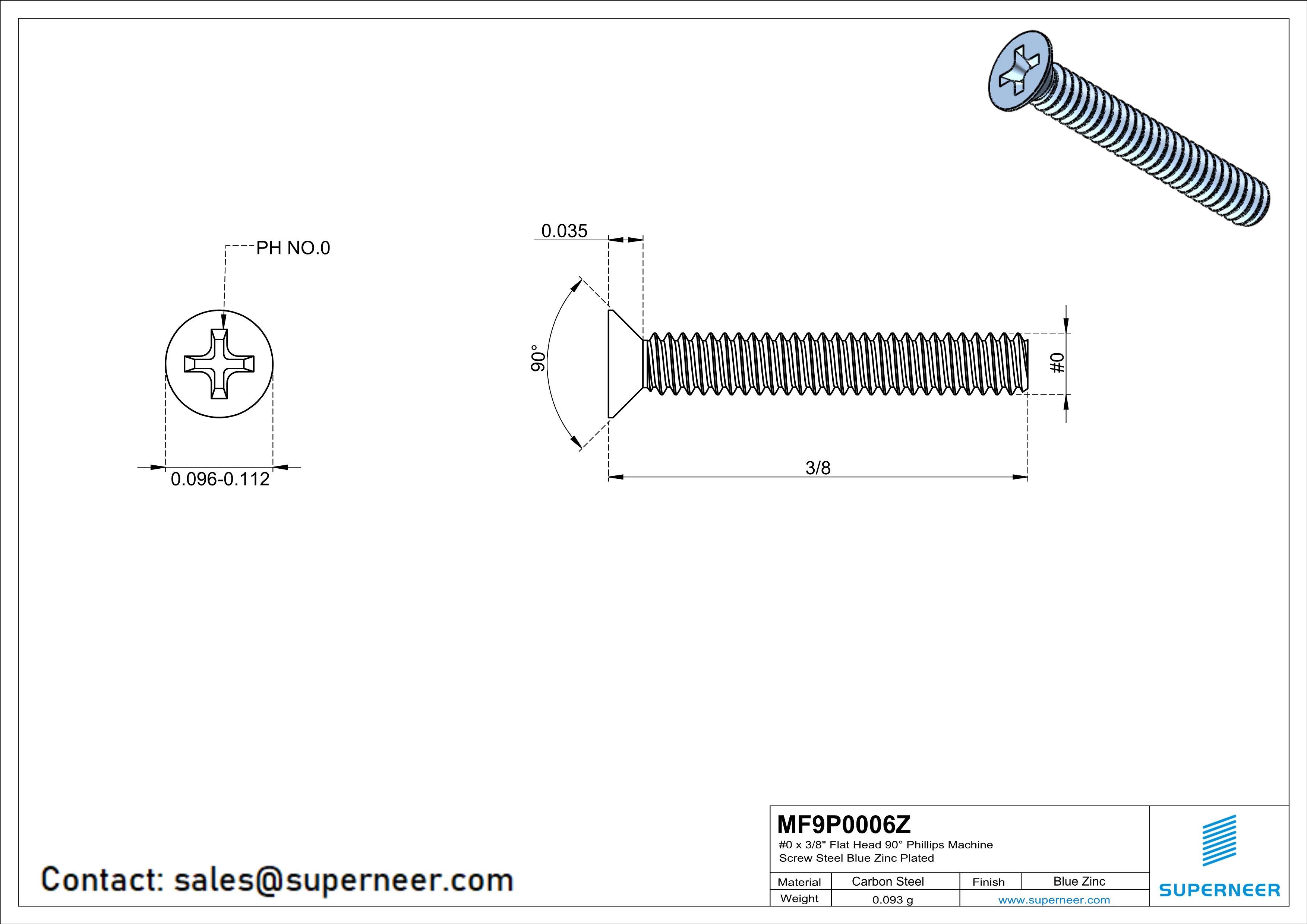 0-80 x 3/8" Flat Head 90°  Phillips Machine Screw Steel Blue Zinc Plated ANSI/ASME B18.6.3 