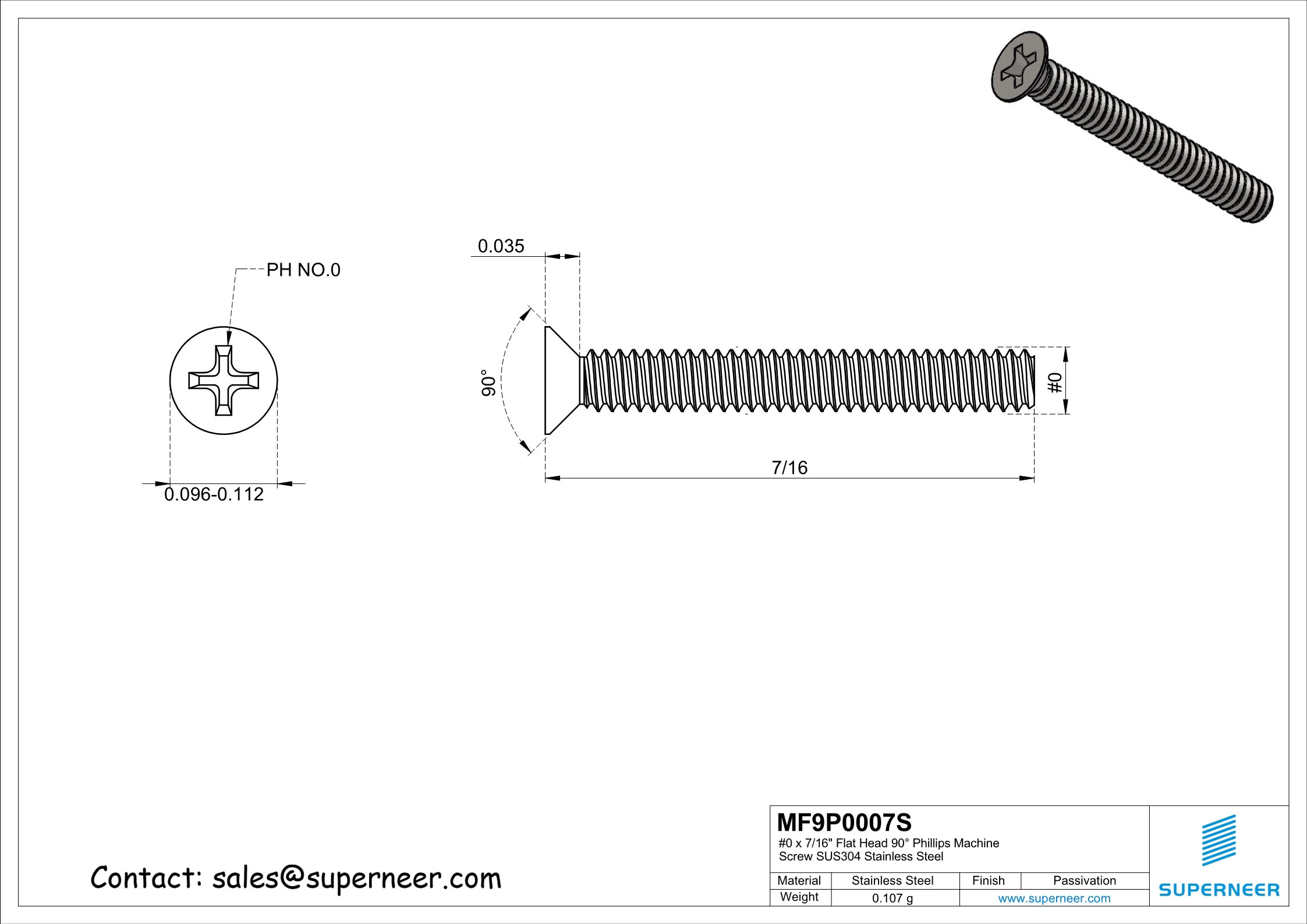 0-80 x 7/16" Flat Head 90°   Phillips Machine Screw SUS304 Stainless Steel Inox ANSI/ASME B18.6.3 