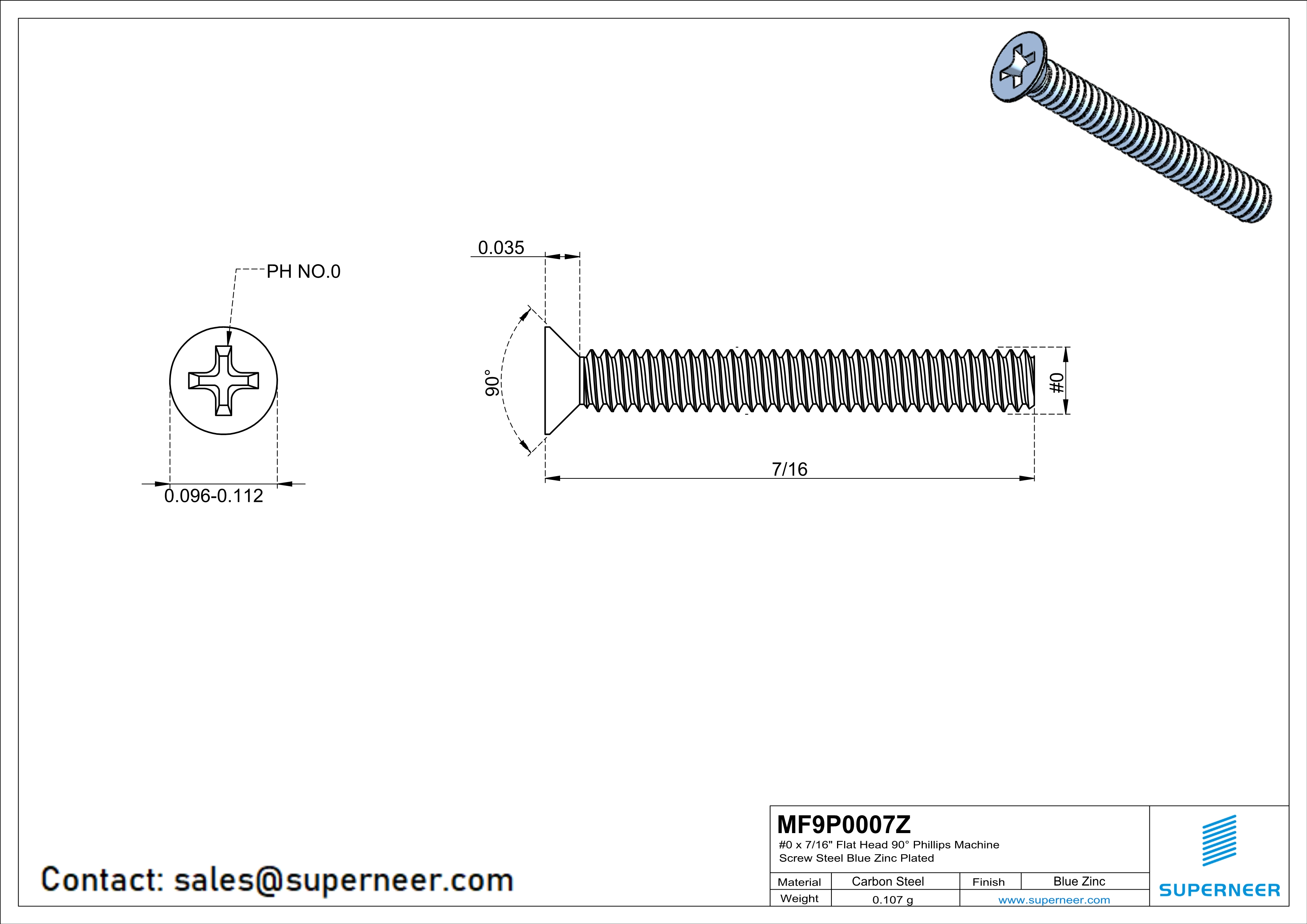 0-80 x 7/16" Flat Head 90°  Phillips Machine Screw Steel Blue Zinc Plated ANSI/ASME B18.6.3 