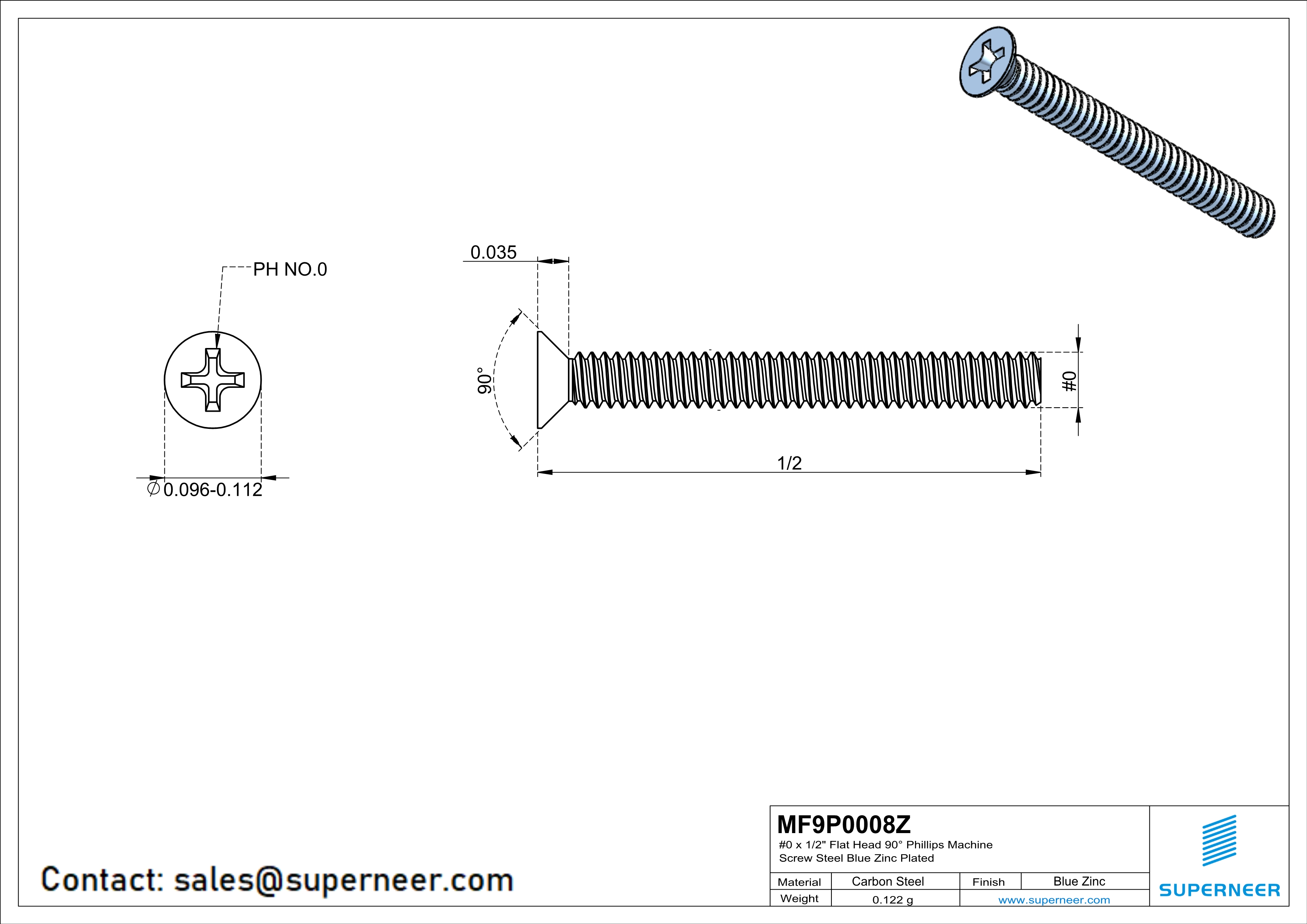 0-80 x 1/2" Flat Head 90° Phillips Machine Screw Steel Blue Zinc Plated ANSI/ASME B18.6.3 