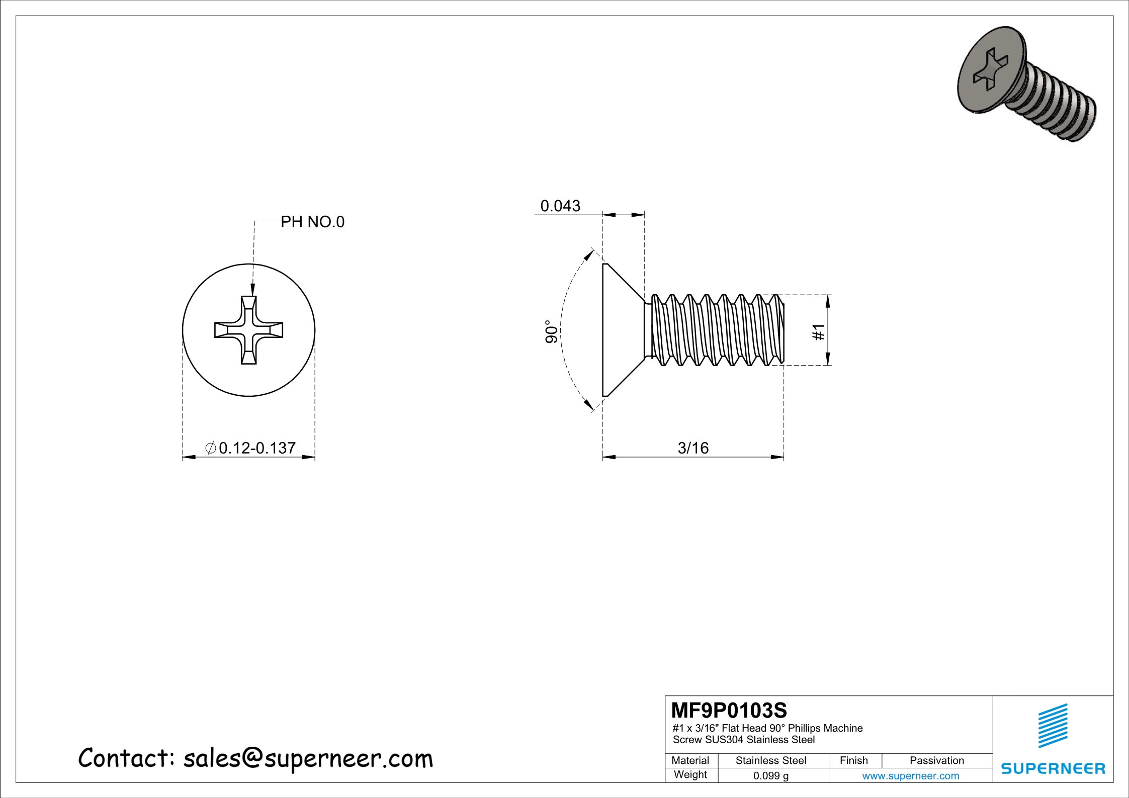 1 x 3/16" Flat Head 90°  Phillips Machine Screw SUS304 Stainless Steel Inox ANSI/ASME B18.6.3 