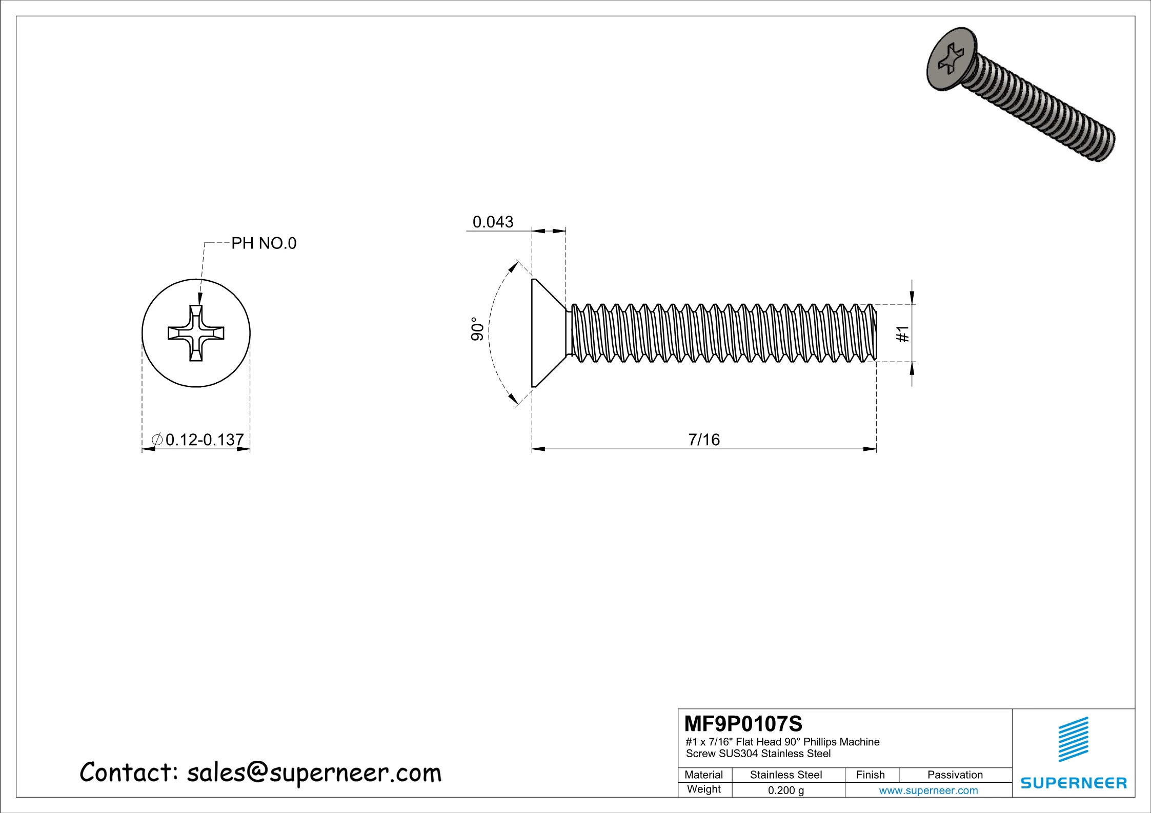 1 x 7/16" Flat Head 90°  Phillips Machine Screw SUS304 Stainless Steel Inox ANSI/ASME B18.6.3 