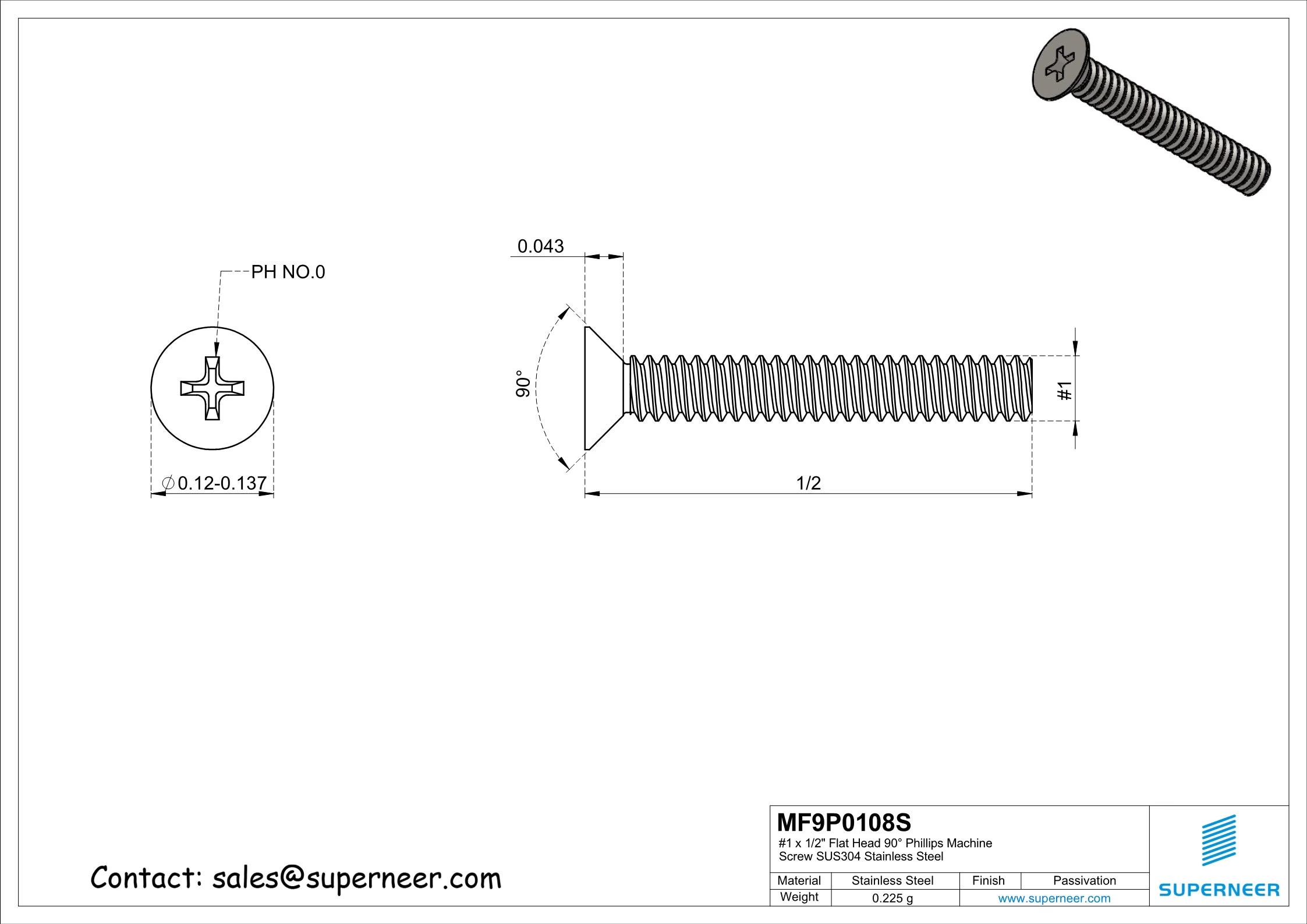 1 x 1/2" Flat Head 90°  Phillips Machine Screw SUS304 Stainless Steel Inox ANSI/ASME B18.6.3 