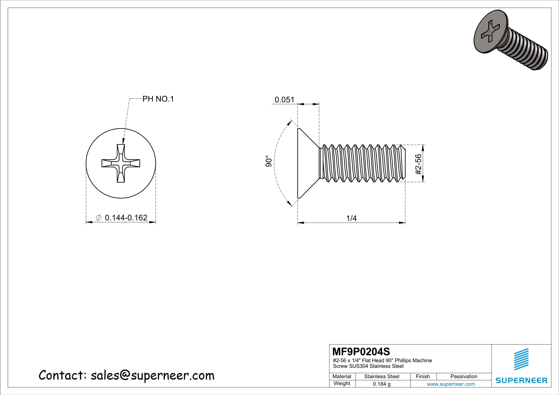 2-56 x 1/4" Flat Head 90°  Phillips Machine Screw SUS304 Stainless Steel Inox ANSI/ASME B18.6.3 