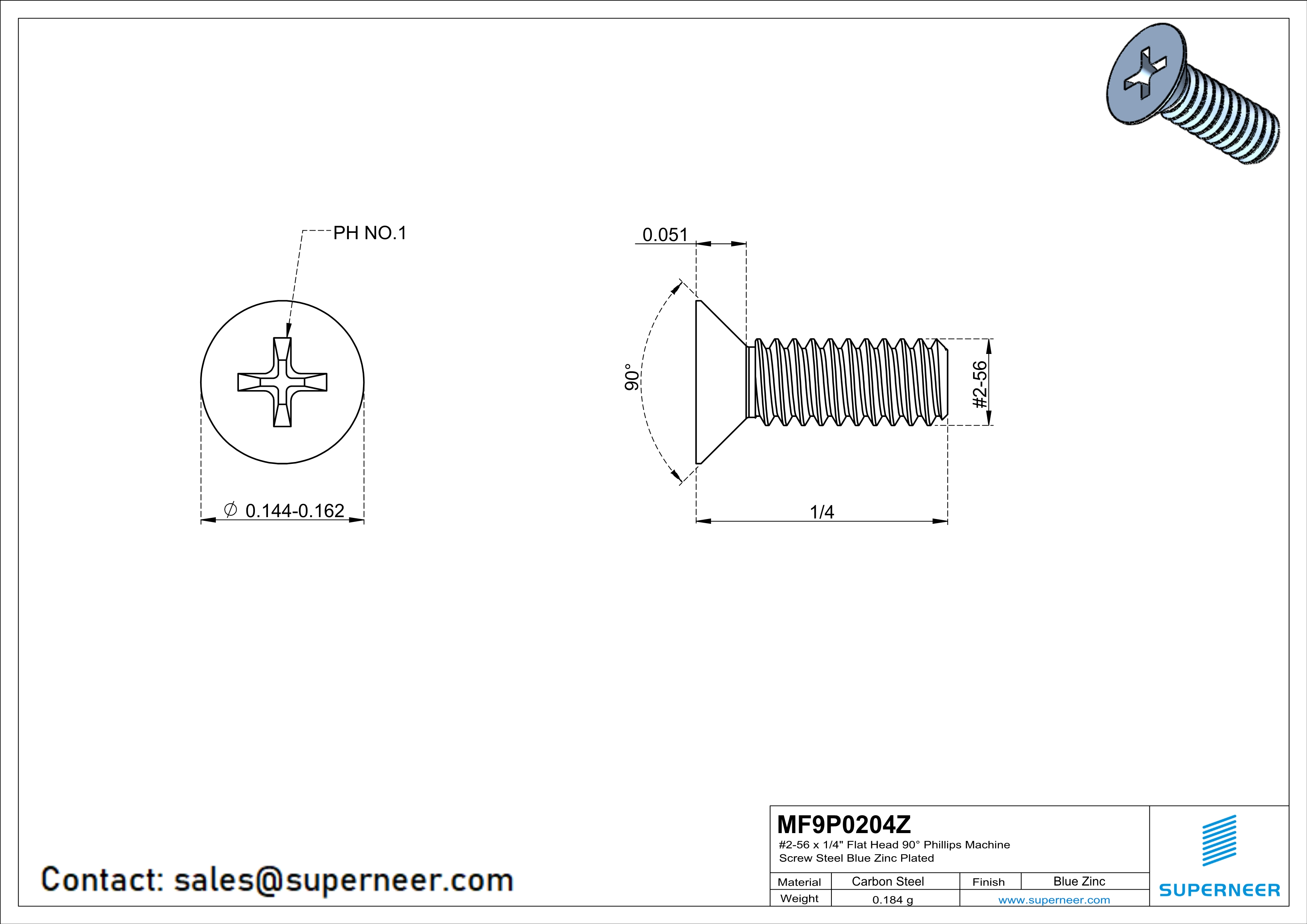 2-56 x 1/4" Flat Head 90° Phillips Machine Screw Steel Blue Zinc Plated ANSI/ASME B18.6.3 