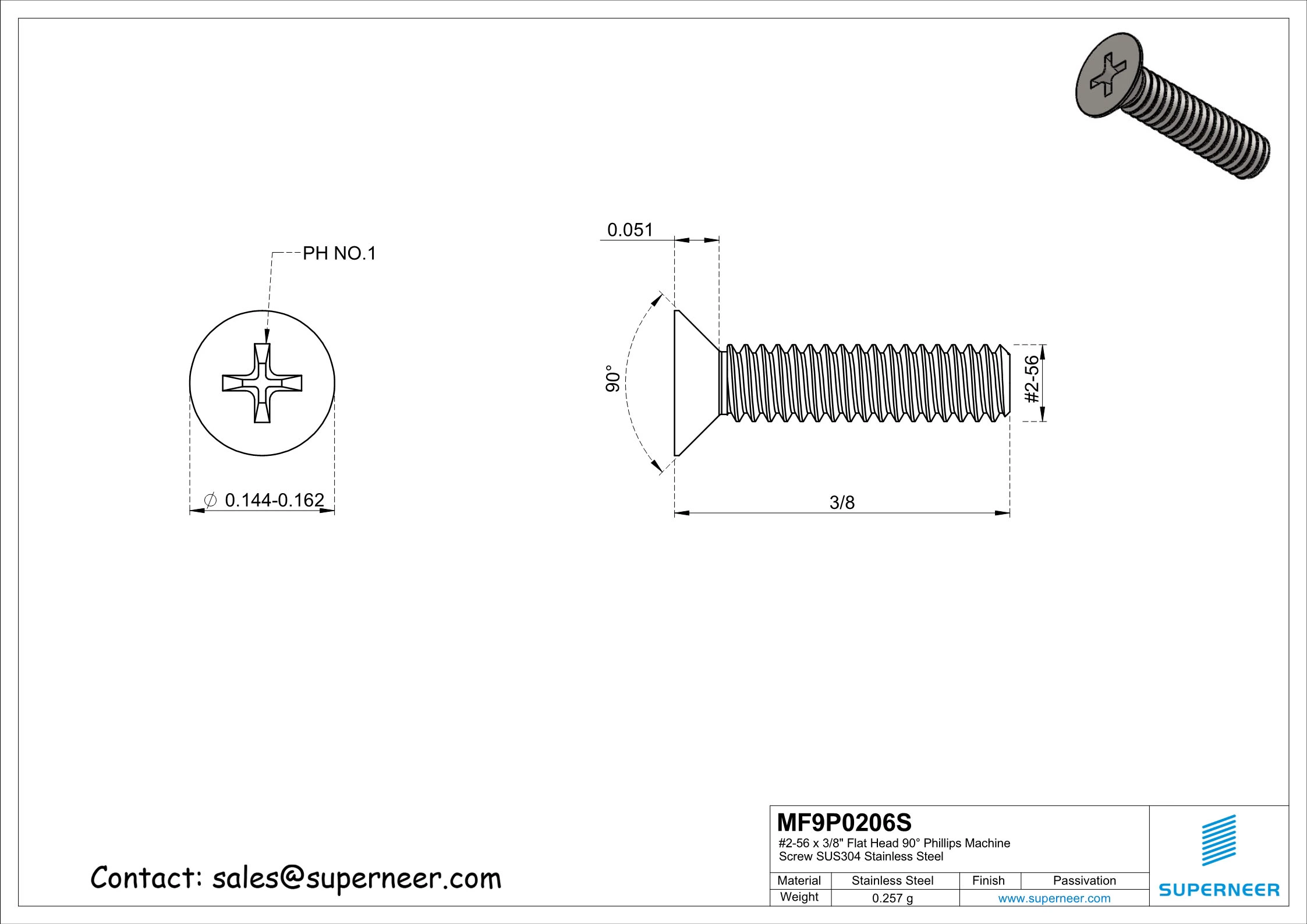 2-56 x 3/8" Flat Head 90°  Phillips Machine Screw SUS304 Stainless Steel Inox ANSI/ASME B18.6.3 