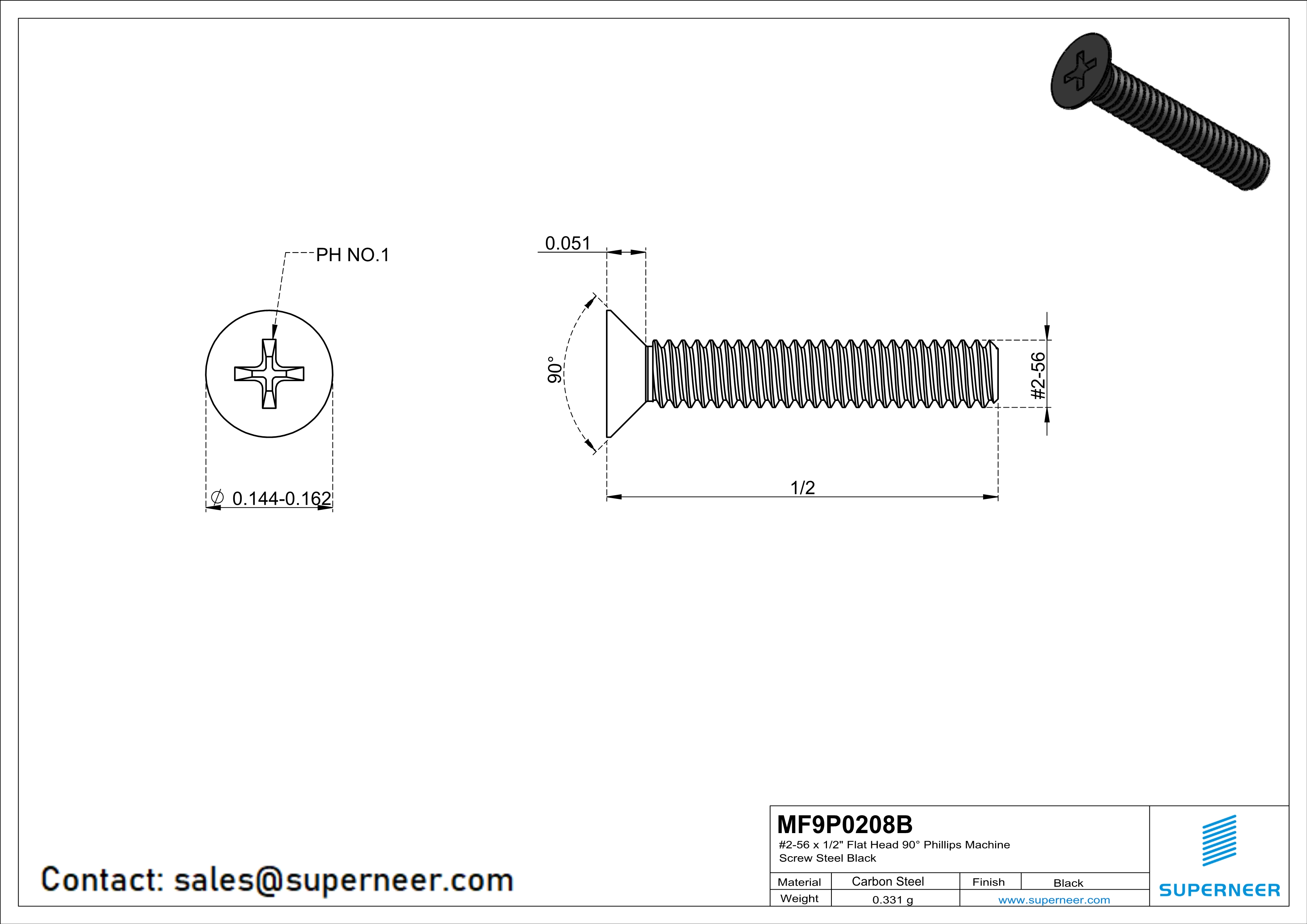 2-56 x 1/2" Flat Head 90° Phillips Machine Screw Steel Black ANSI/ASME B18.6.3 