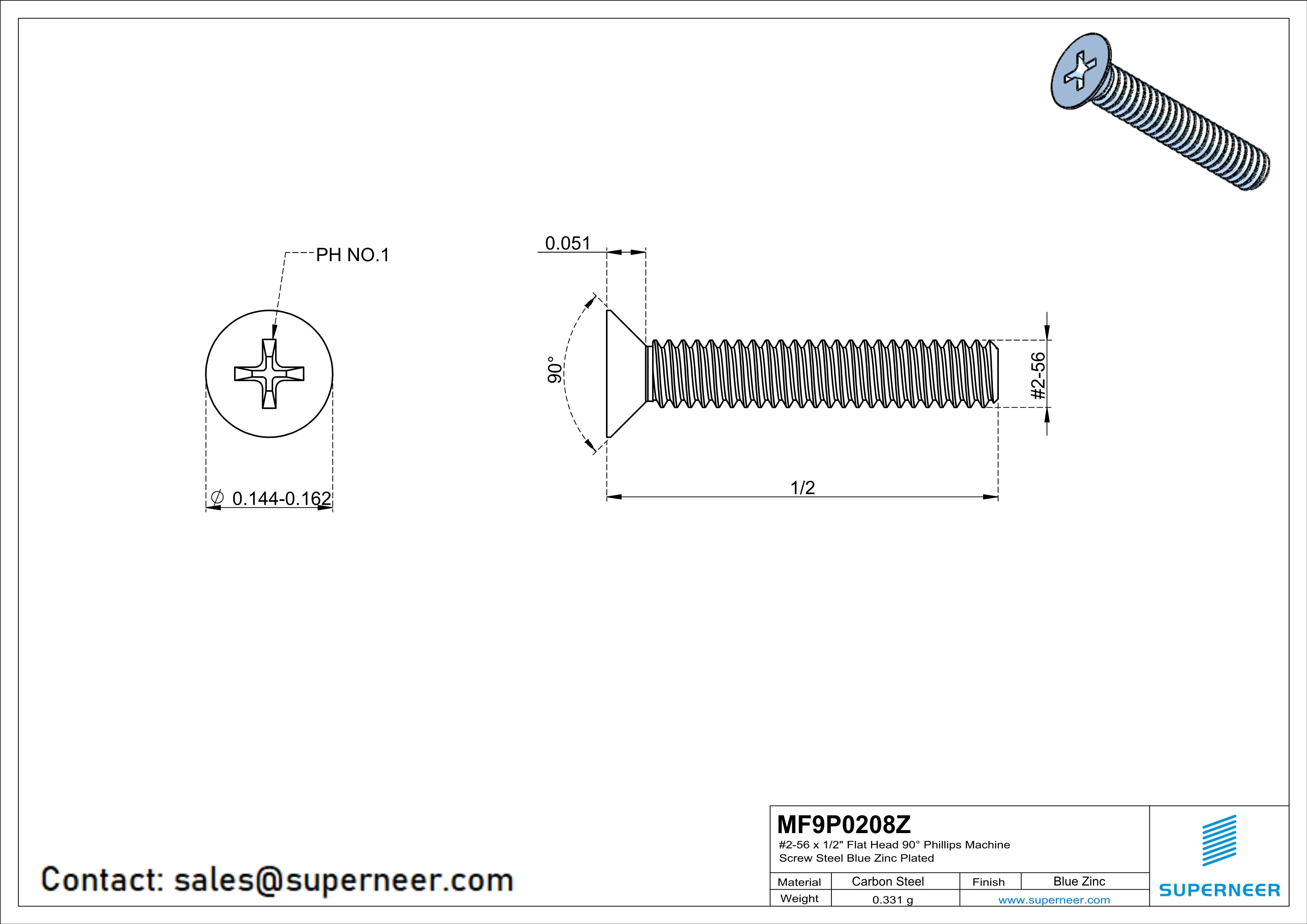 2-56 x 1/2" Flat Head 90° Phillips Machine Screw Steel Blue Zinc Plated ANSI/ASME B18.6.3 