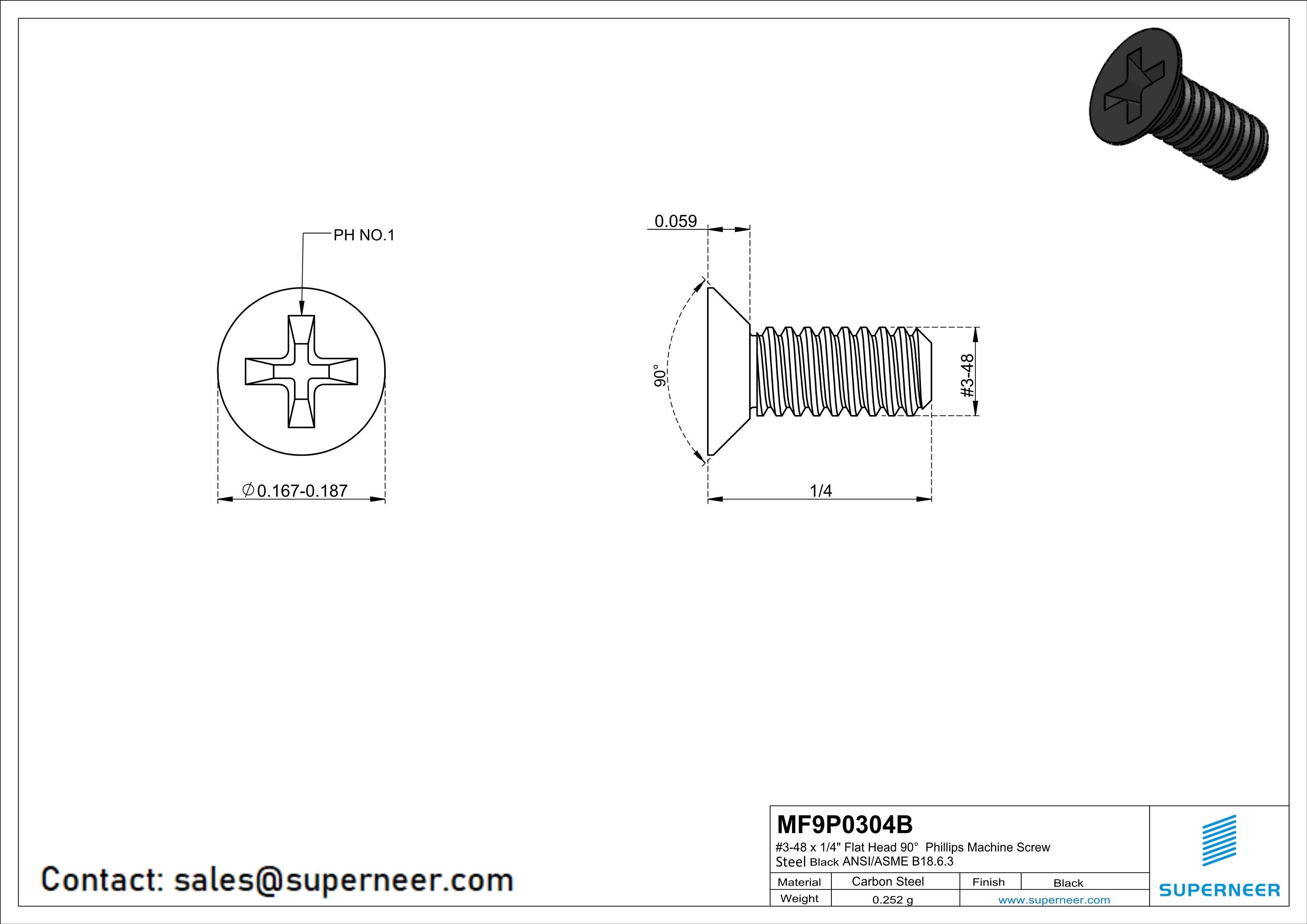 3-48 x 1/4" Flat Head 90° Phillips Machine Screw Steel Black ANSI/ASME B18.6.3 