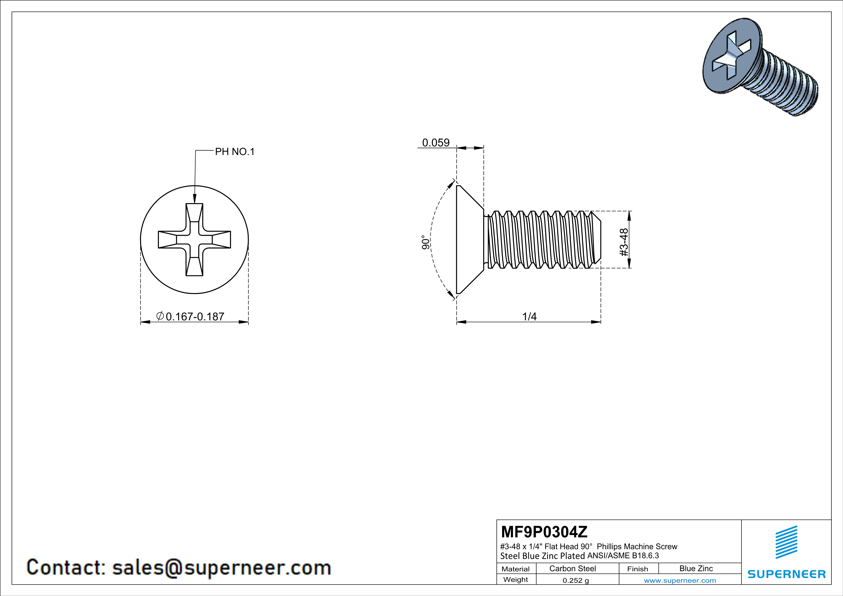 3-48 x 1/4" Flat Head 90° Phillips Machine Screw Steel Blue Zinc Plated ANSI/ASME B18.6.3 