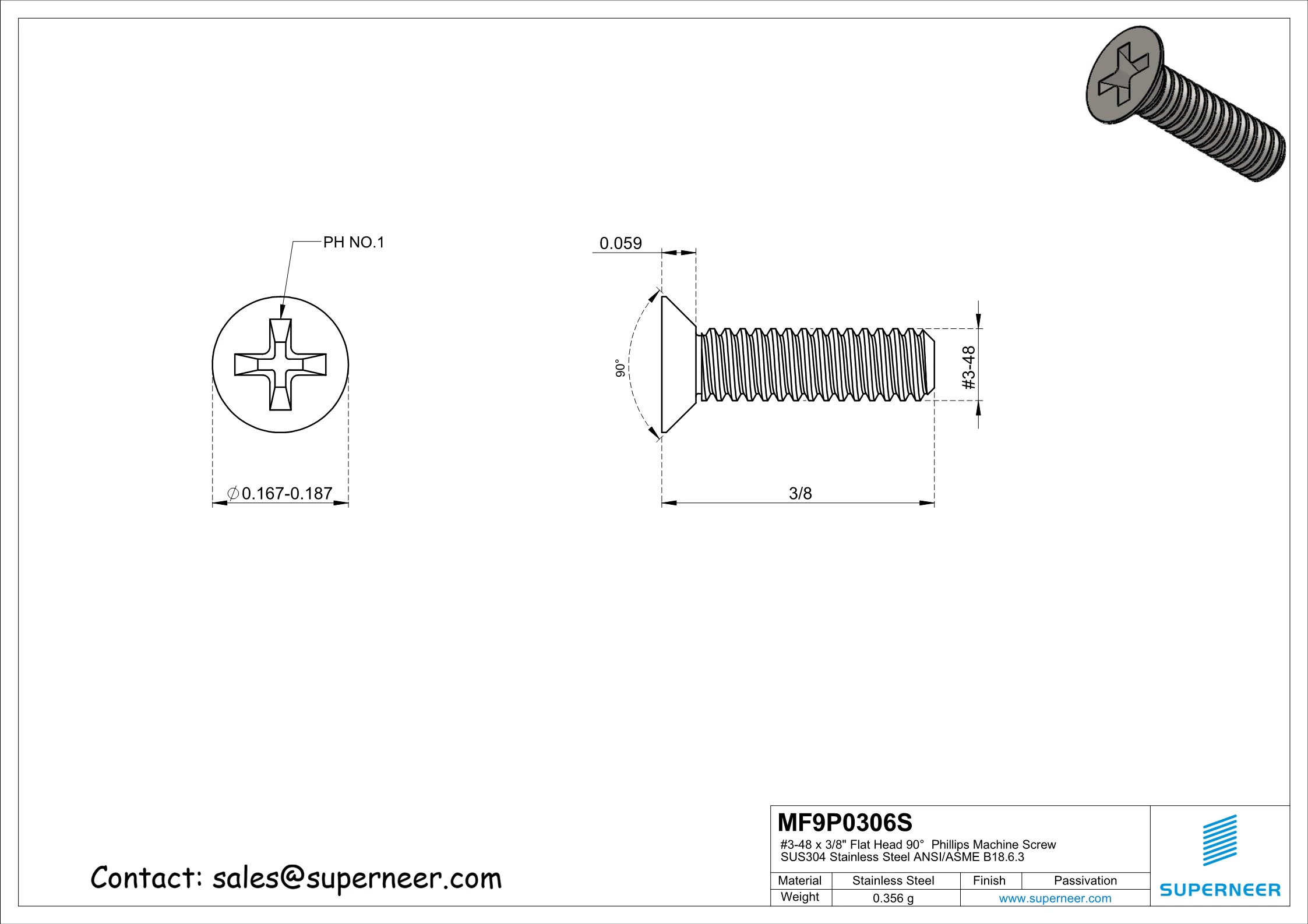 3-48  x 3/8" Flat Head 90°  Phillips Machine Screw SUS304 Stainless Steel Inox ANSI/ASME B18.6.3 