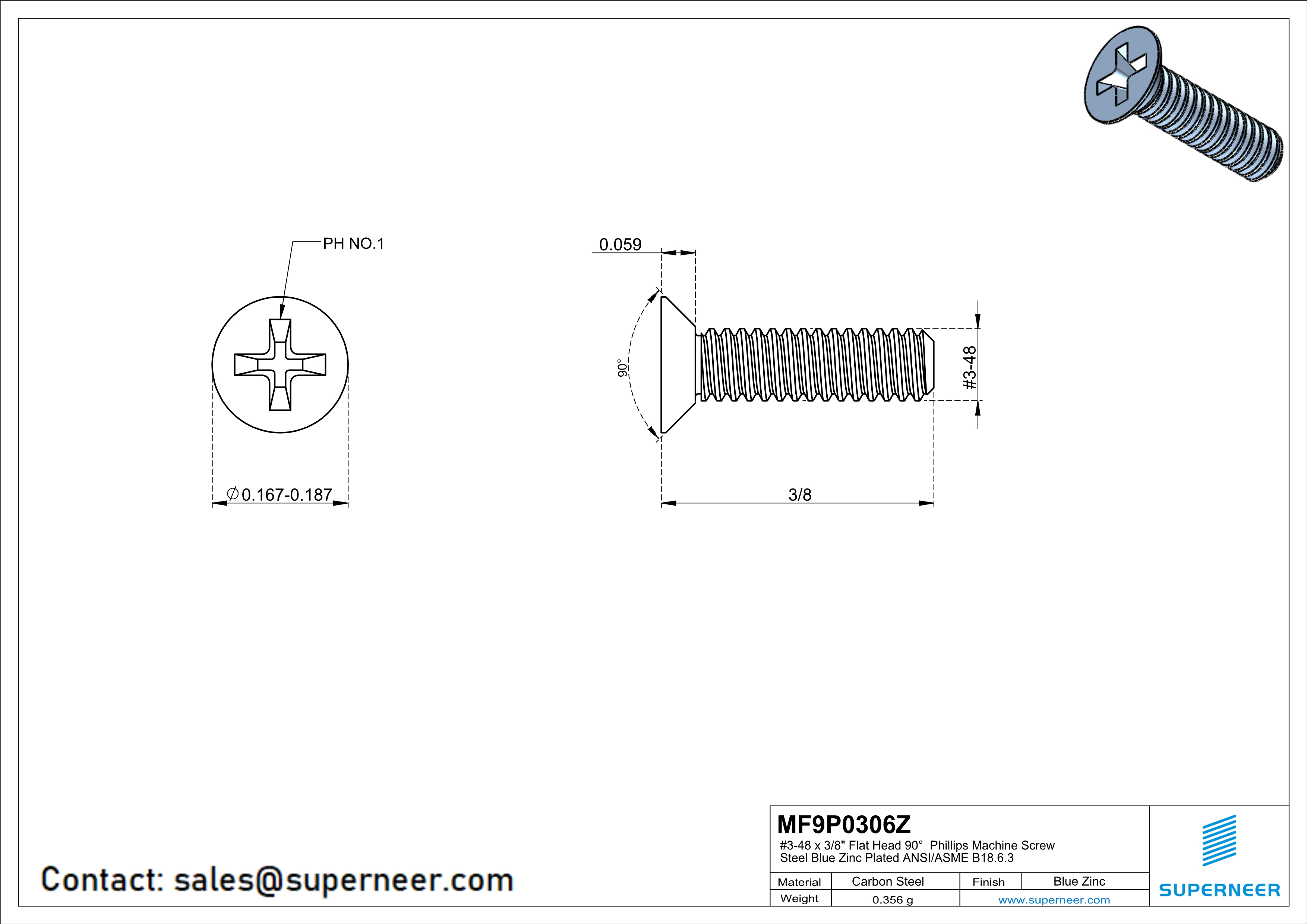 3-48 x 3/8" Flat Head 90° Phillips Machine Screw Steel Blue Zinc Plated ANSI/ASME B18.6.3 