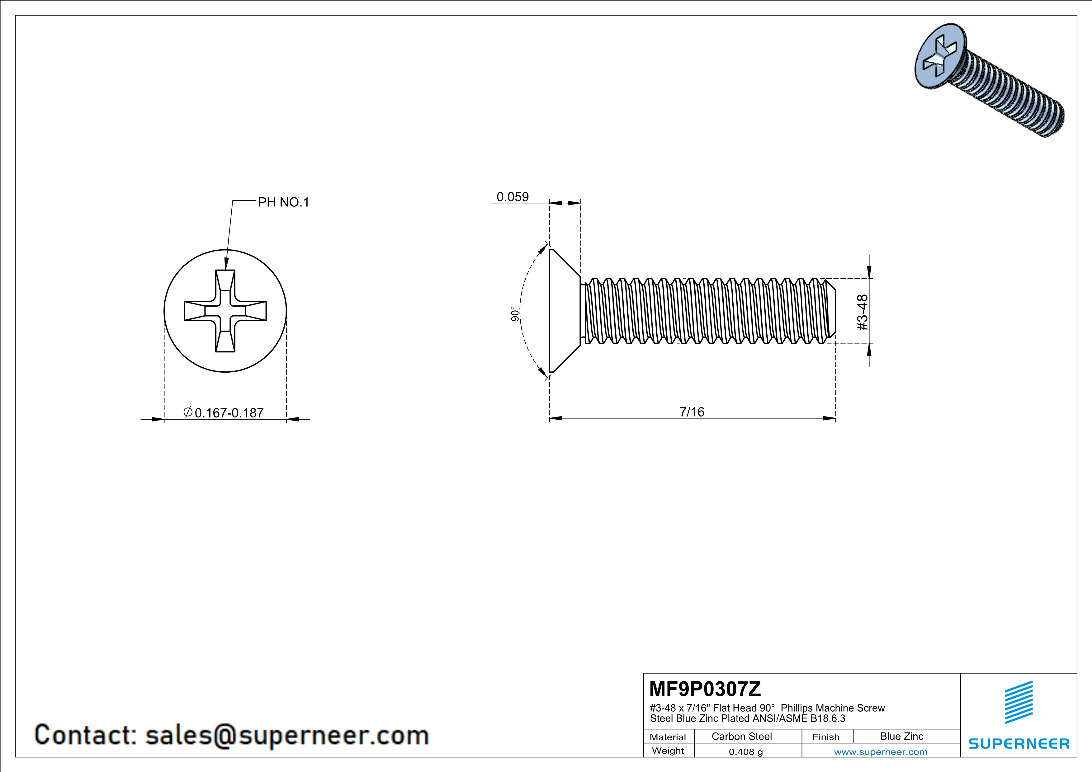 3-48 x 7/16" Flat Head 90° Phillips Machine Screw Steel Blue Zinc Plated ANSI/ASME B18.6.3 